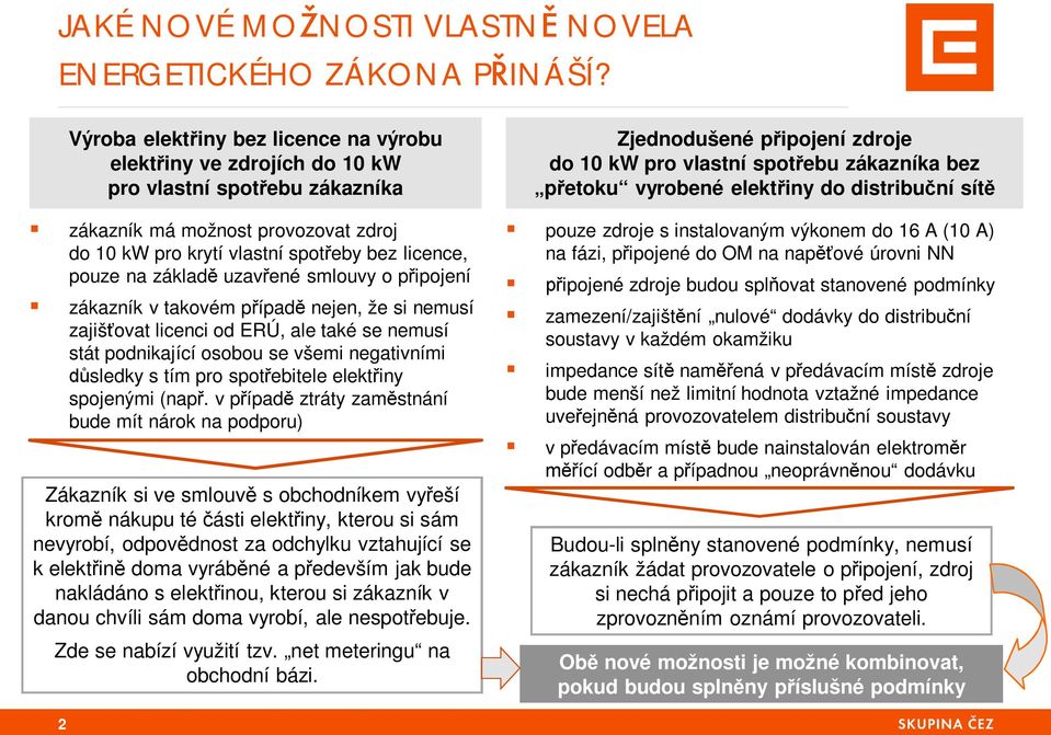 základ uzav ené smlouvy o p ipojení zákazník v takovém p ípad nejen, že si nemusí zajiš ovat licenci od ERÚ, ale také se nemusí stát podnikající osobou se všemi negativními sledky s tím pro spot