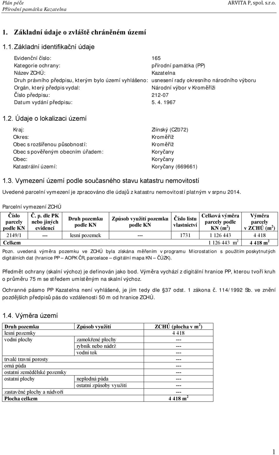 2-07 Datum vydání předpisu: 5. 4. 1967 1.2. Údaje o lokalizaci území Kraj: Zlínský (CZ072) Okres: Kroměříž Obec s rozšířenou působností: Kroměříž Obec s pověřeným obecním úřadem: Koryčany Obec: