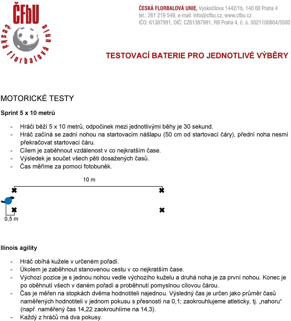 - Výsledek je součet všech pěti dosažených časů. - Čas ěříe za pooci fotobuněk. 10 0, Ilinois agility - Hráč obíhá kužele v určené pořadí. - Úkole je zaběhnout stanovenou cestu v co nejkratší čase.