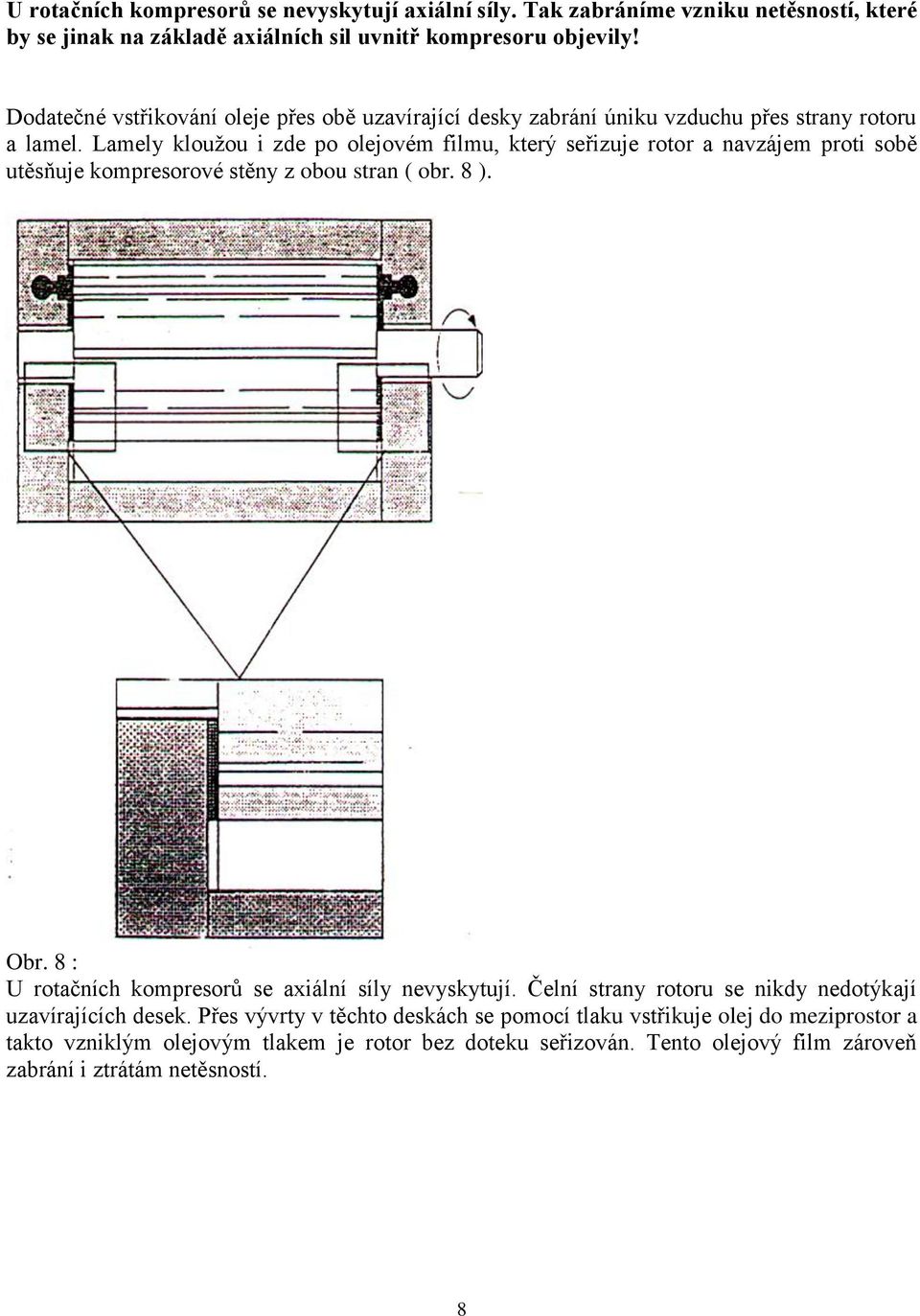 Lamely kloužou i zde po olejovém filmu, který seřizuje rotor a navzájem proti sobě utěsňuje kompresorové stěny z obou stran ( obr. 8 ). Obr.