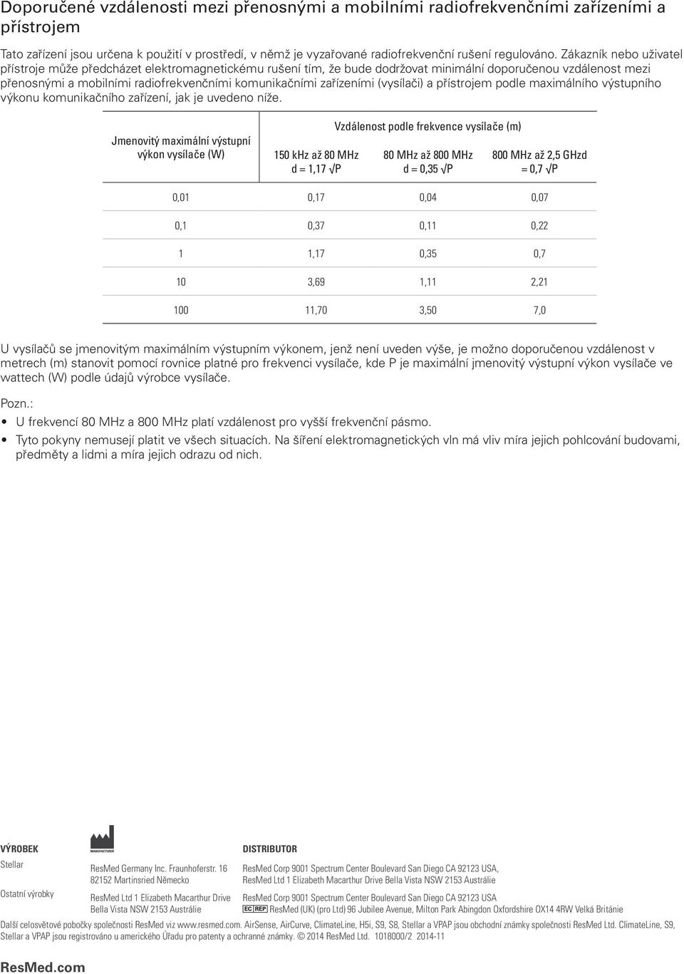 zařízeními (vysílači) a přístrojem podle maximálního výstupního výkonu komunikačního zařízení, jak je uvedeno níže.