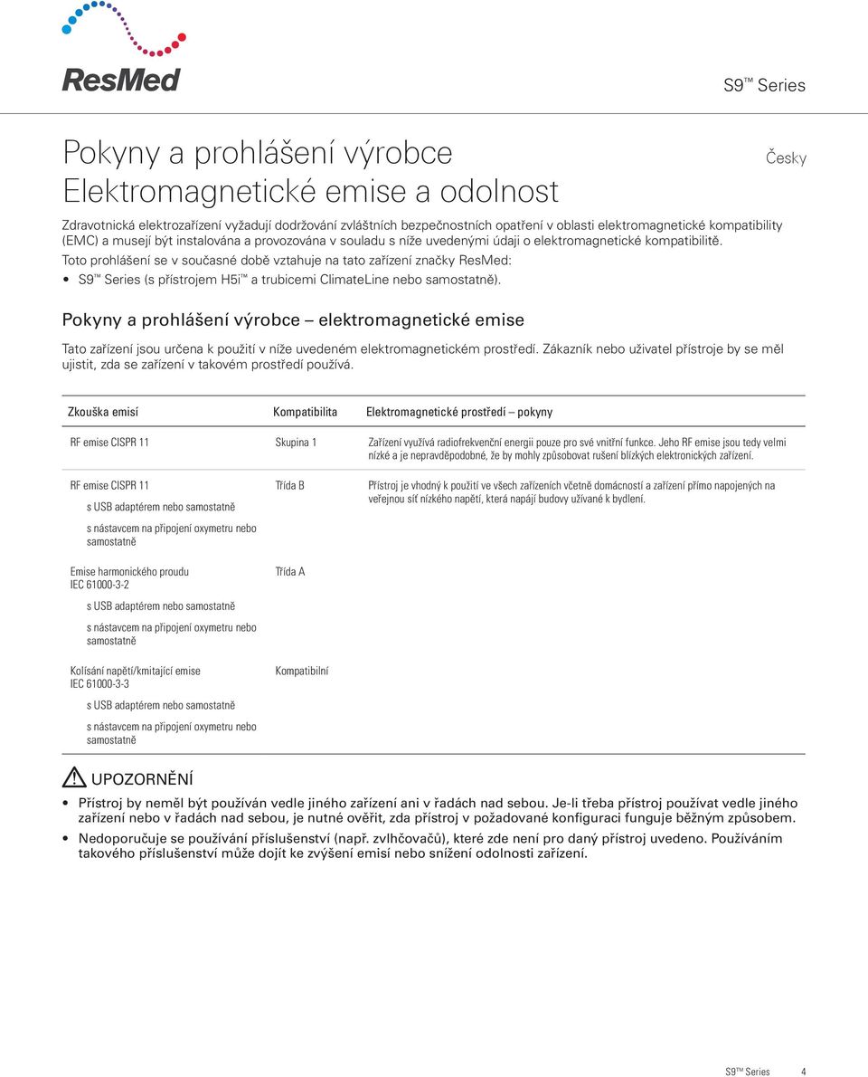 Toto prohlášení se v současné době vztahuje na tato zařízení značky ResMed: S9 Series (s přístrojem H5i a trubicemi ClimateLine nebo samostatně).