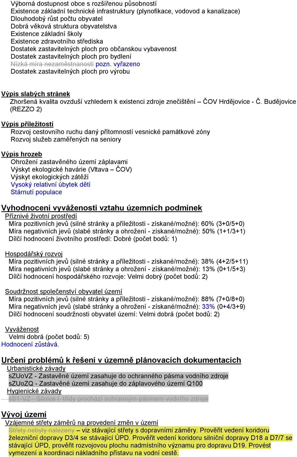 vyřazeno Dostatek zastavitelných ploch pro výrobu Výpis slabých stránek Zhoršená kvalita ovzduší vzhledem k existenci zdroje znečištění ČOV Hrdějovice - Č.