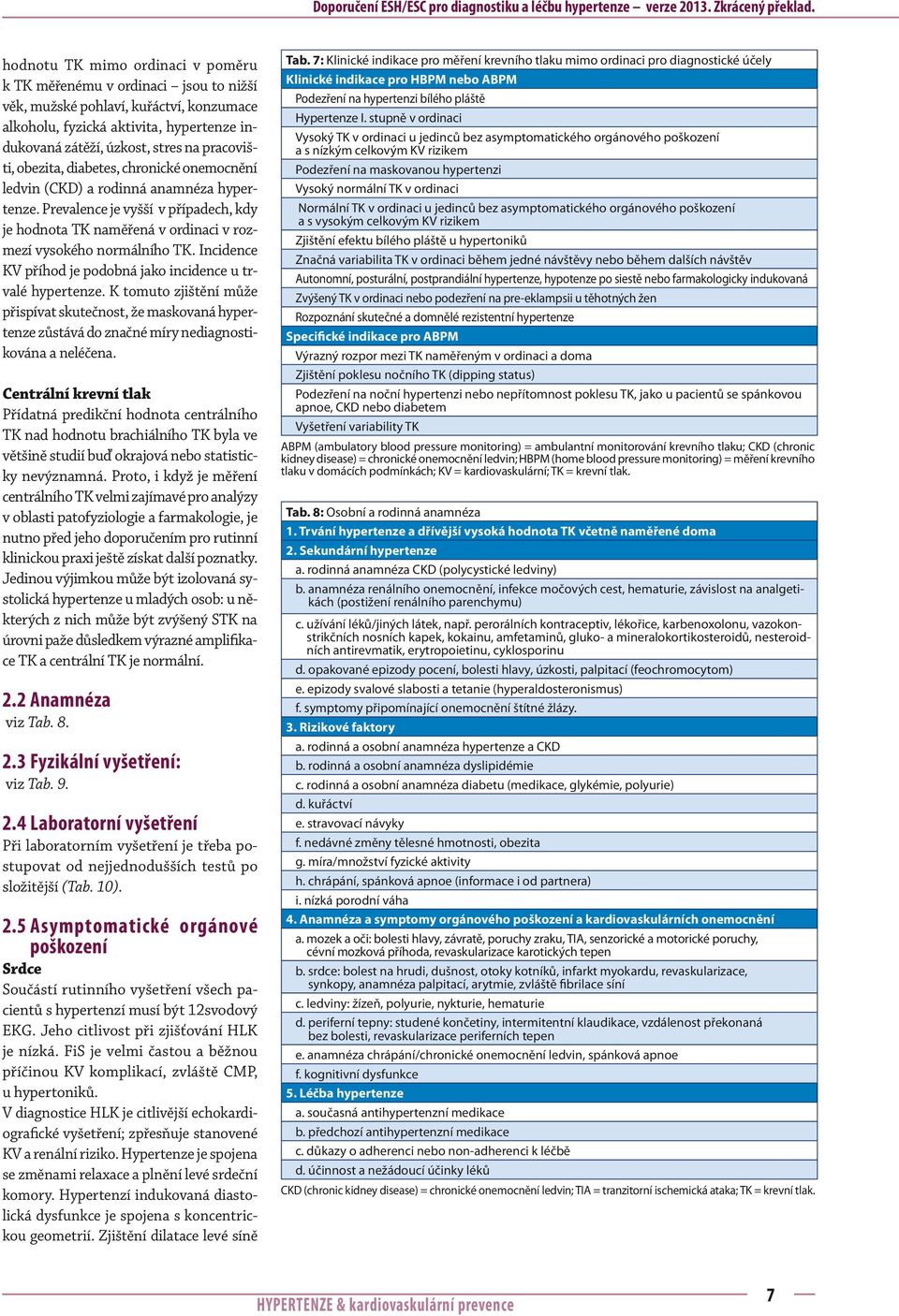 pracovišti, obezita, diabetes, chronické onemocnění ledvin (CKD) a rodinná anamnéza hypertenze. Prevalence je vyšší v případech, kdy je hodnota TK naměřená v ordinaci v rozmezí vysokého normálního TK.