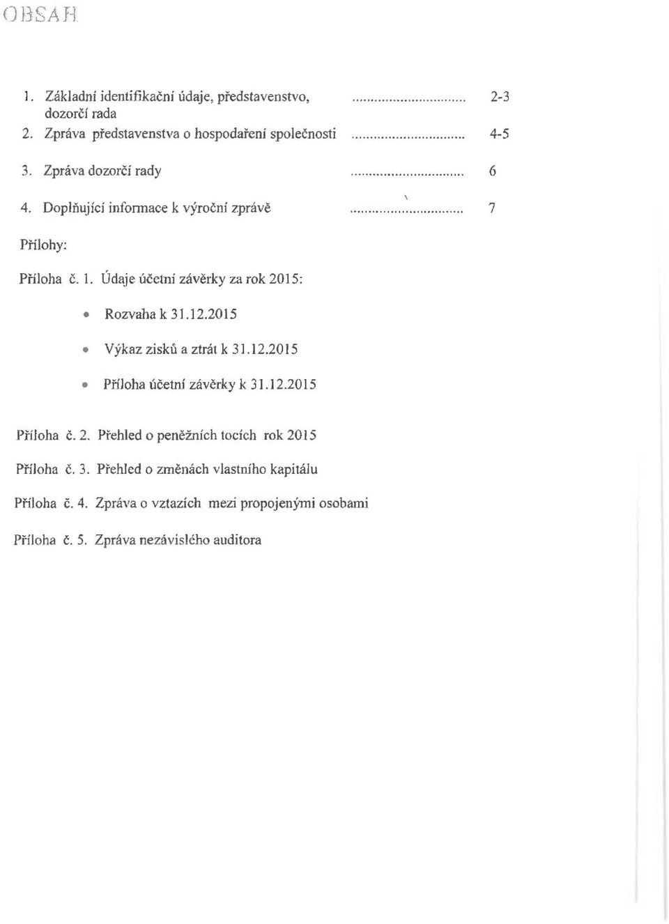 Údaje účetní závěrky za rok 2015: Rozvaha k 31.12.2015 Výkaz zisků a ztrát k 31.12.2015 Příloha účetní závěrky k 31.12.2015 Příloha č.