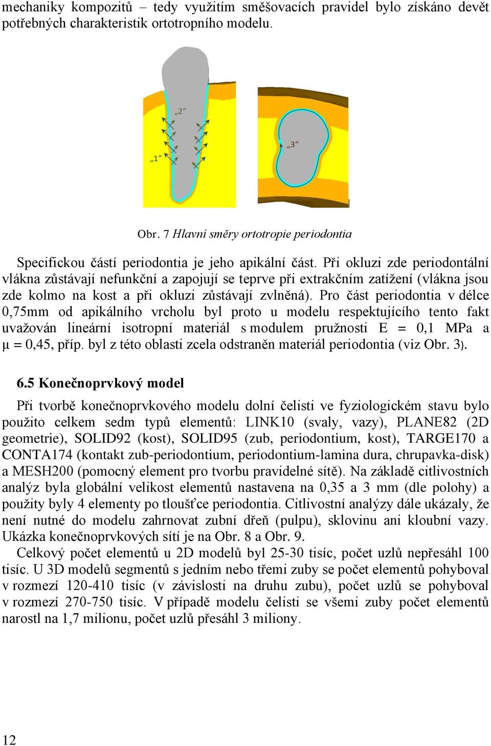 Pro část periodontia v délce 0,75mm od apikálního vrcholu byl proto u modelu respektujícího tento fakt uvaţován lineární isotropní materiál s modulem pruţnosti E = 0,1 MPa a µ = 0,45, příp.