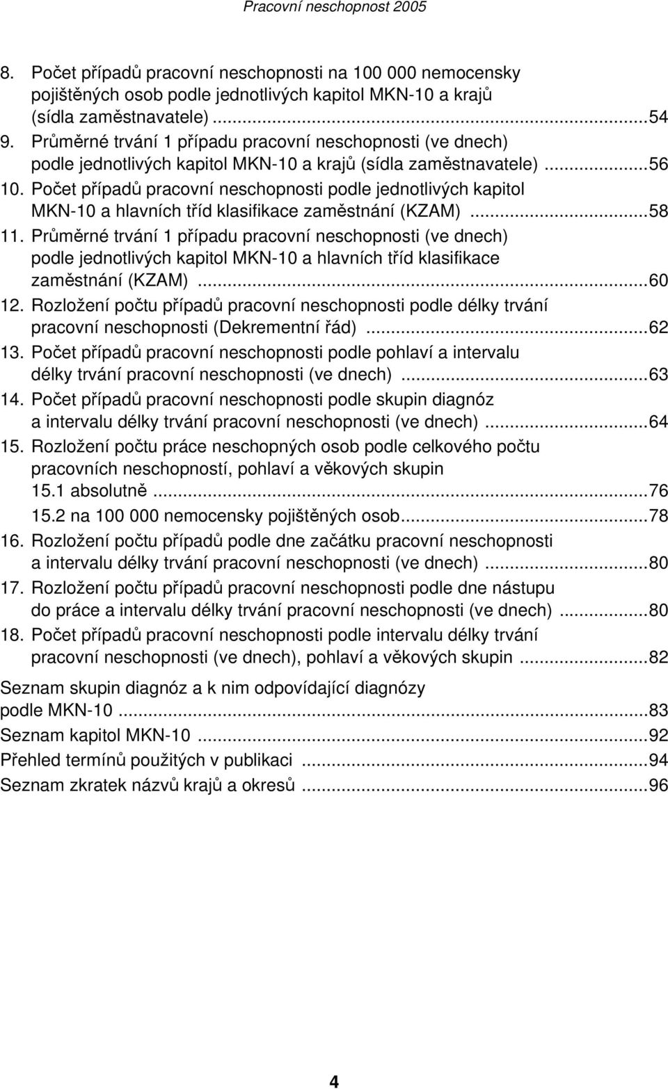 Počet případů pracovní neschopnosti podle jednotlivých kapitol MKN-10 a hlavních tříd klasifikace zaměstnání (KZAM)...58 11.