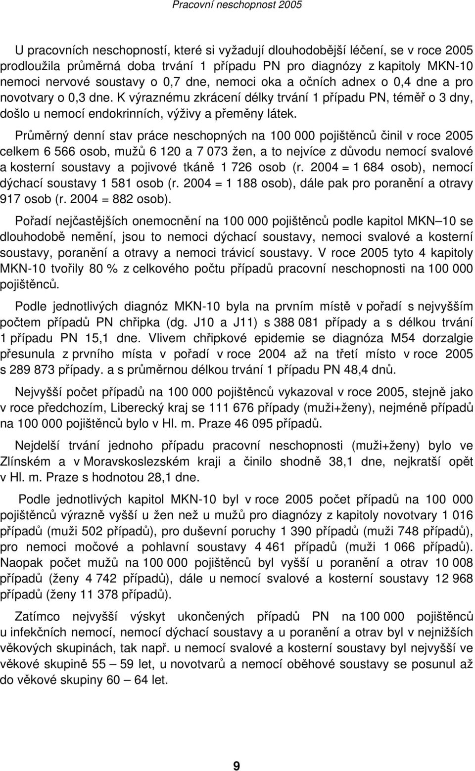 Průměrný denní stav práce neschopných na 100 000 pojištěnců činil v roce 2005 celkem 6 566 osob, mužů 6 120 a 7 073 žen, a to nejvíce z důvodu nemocí svalové a kosterní soustavy a pojivové tkáně 1