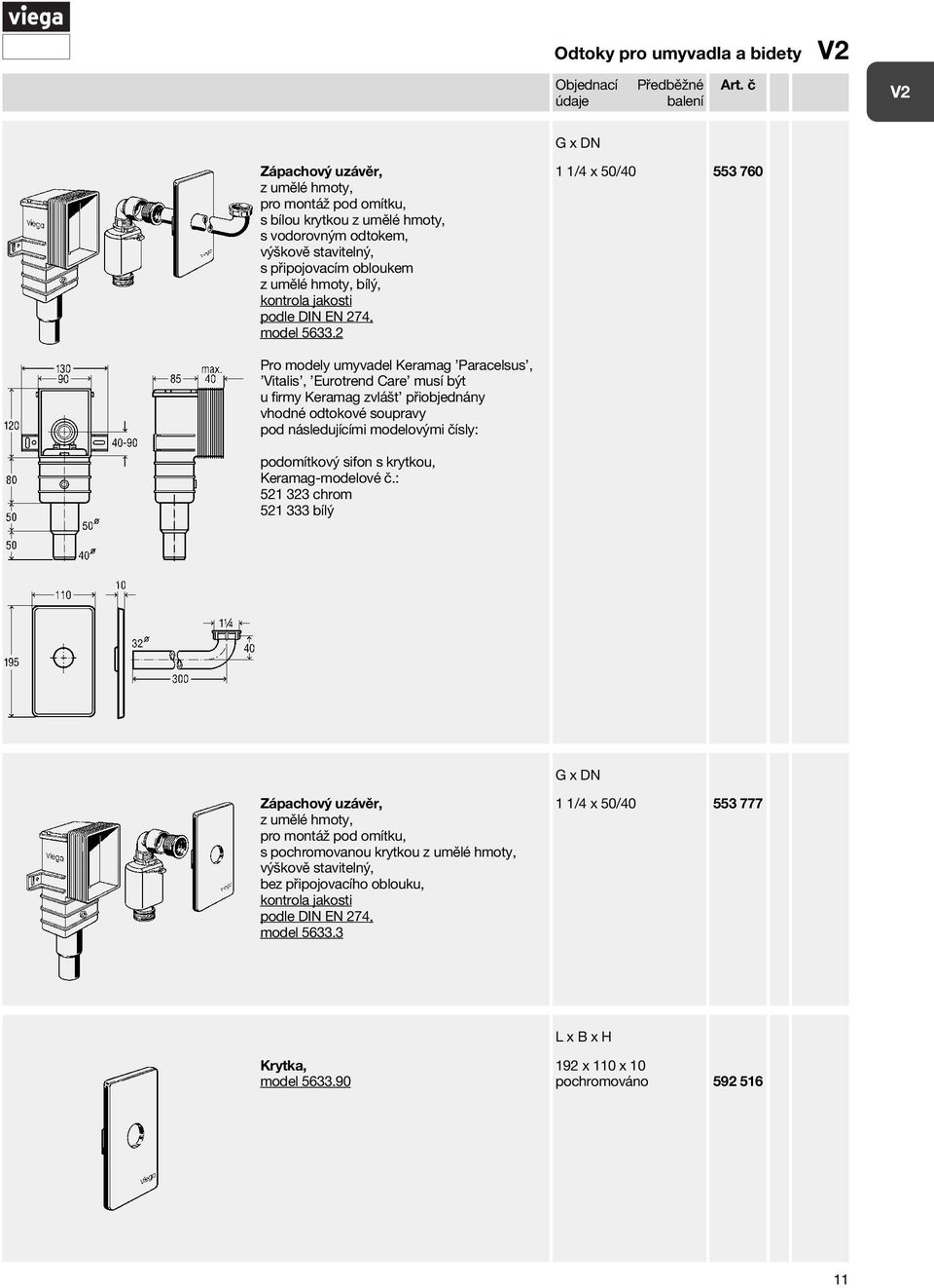 2 1 1/4 x 50/40 553 760 Pro modely umyvadel Keramag Paracelsus, Vitalis, Eurotrend Care musí být u firmy Keramag zvlášt přiobjednány vhodné odtokové soupravy pod