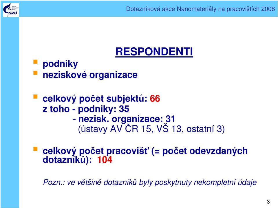 organizace: 31 (ústavy AV ČR 15, VŠ 13, ostatní 3) celkový počet