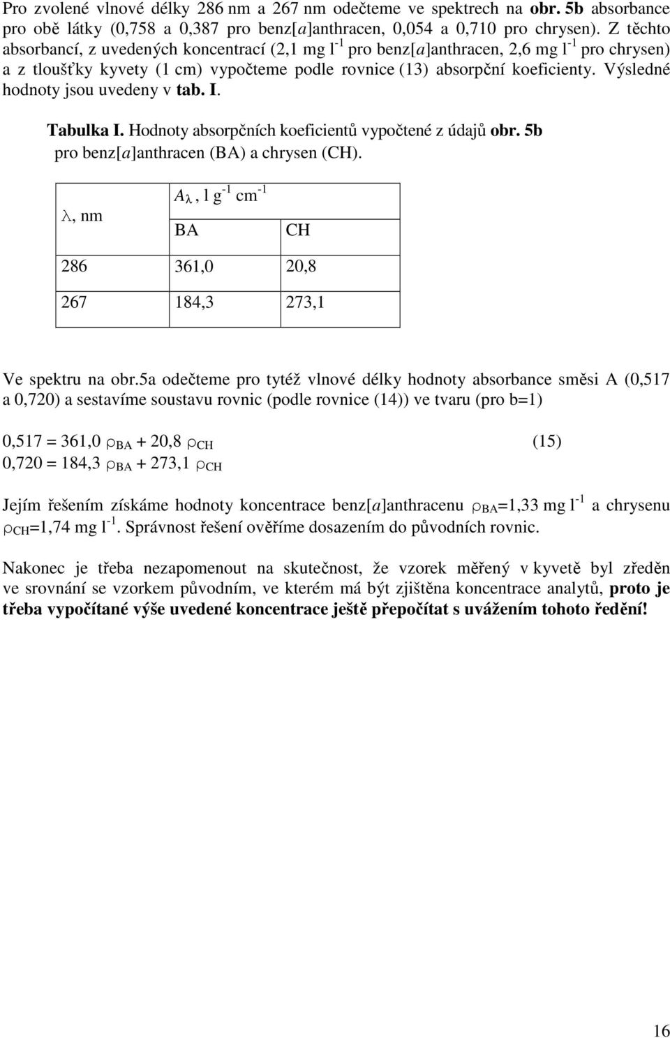 Výsledné hodnoty jsou uvedeny v tab. I. Tabulka I. Hodnoty absorpčních koeficientů vypočtené z údajů obr. 5b pro benz[a]anthracen (BA) a chrysen (CH).