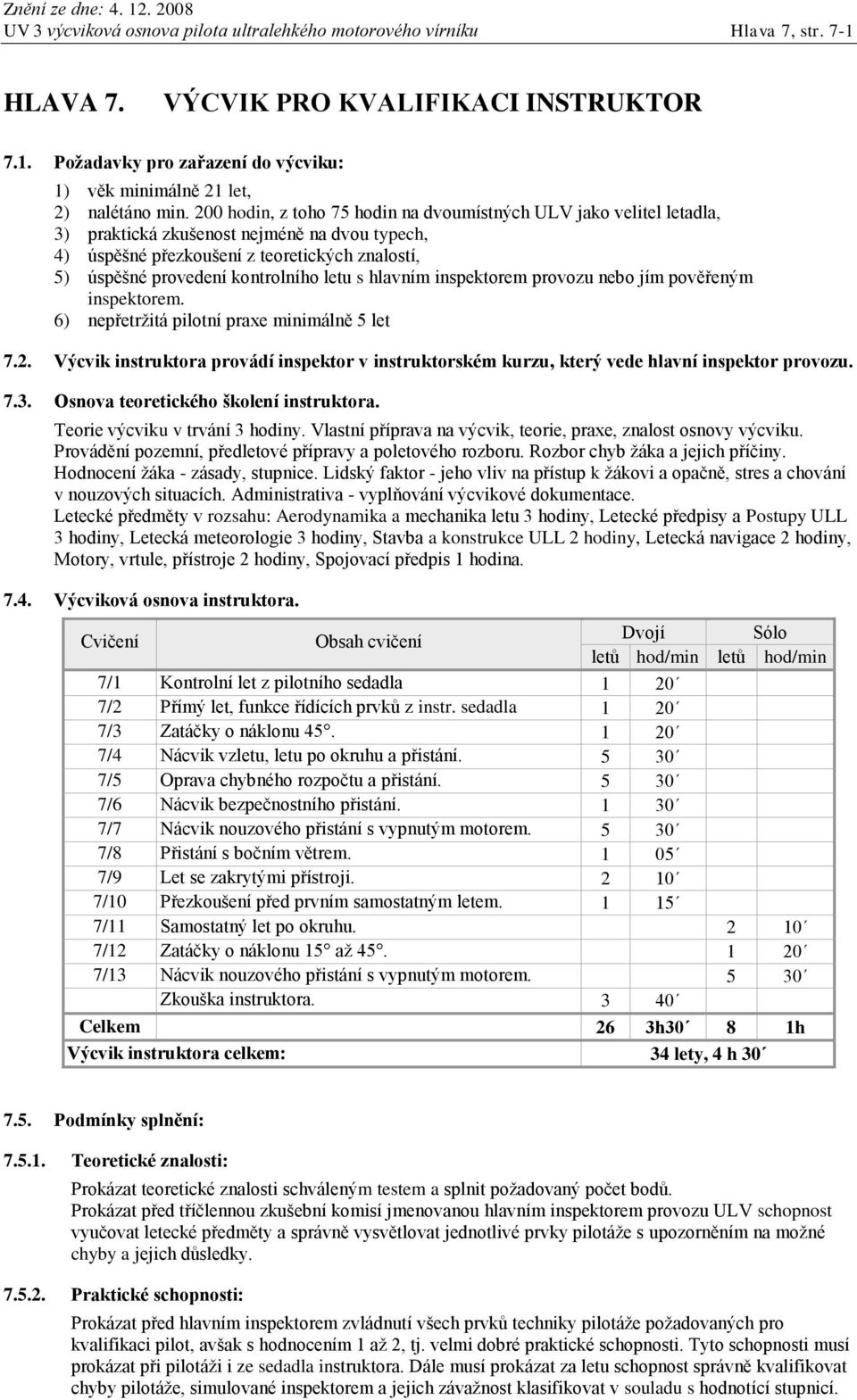 200 hodin, z toho 75 hodin na dvoumístných ULV jako velitel letadla, 3) praktická zkušenost nejméně na dvou typech, 4) úspěšné přezkoušení z teoretických znalostí, 5) úspěšné provedení kontrolního