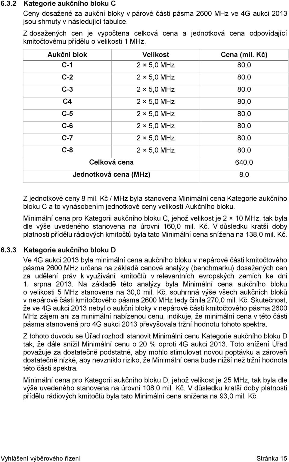 Kč) C-1 2 5,0 MHz 80,0 C-2 2 5,0 MHz 80,0 C-3 2 5,0 MHz 80,0 C4 2 5,0 MHz 80,0 C-5 2 5,0 MHz 80,0 C-6 2 5,0 MHz 80,0 C-7 2 5,0 MHz 80,0 C-8 2 5,0 MHz 80,0 Celková cena 640,0 Jednotková cena (MHz) 8,0