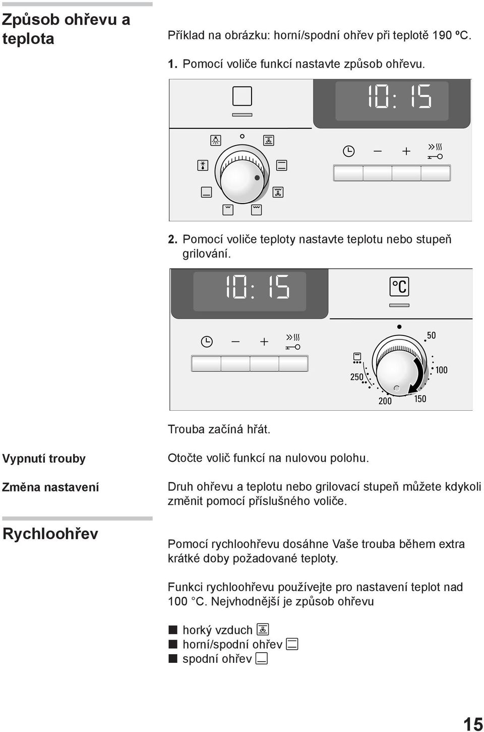 Vypnutí trouby Změna nastavení Rychloohřev Otočte volič funkcí na nulovou polohu.