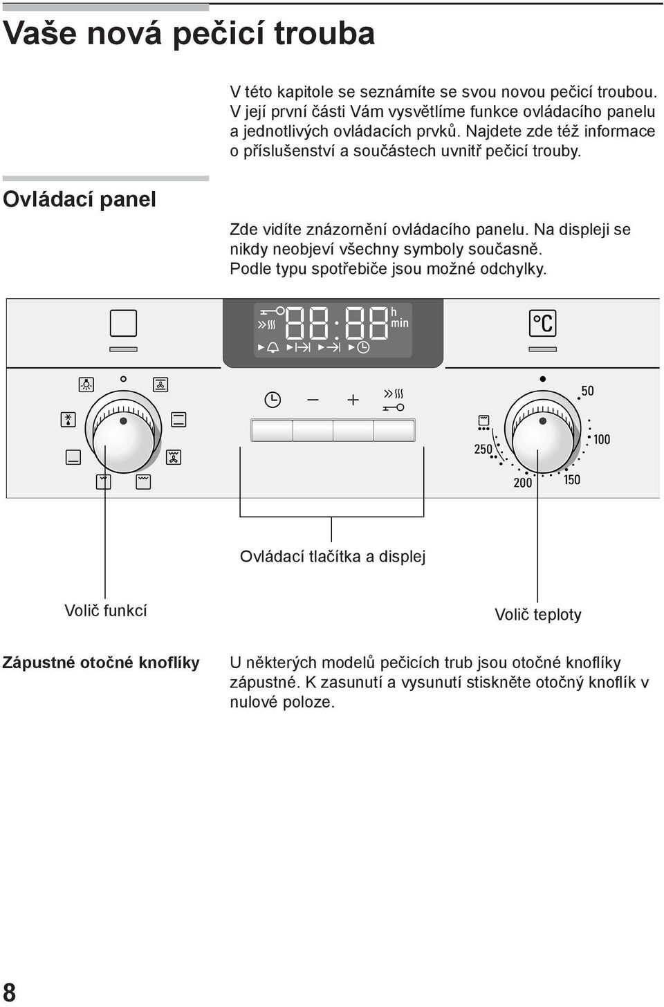 Najdete zde též informace o příslušenství a součástech uvnitř pečicí trouby. Ovládací panel Zde vidíte znázornění ovládacího panelu.