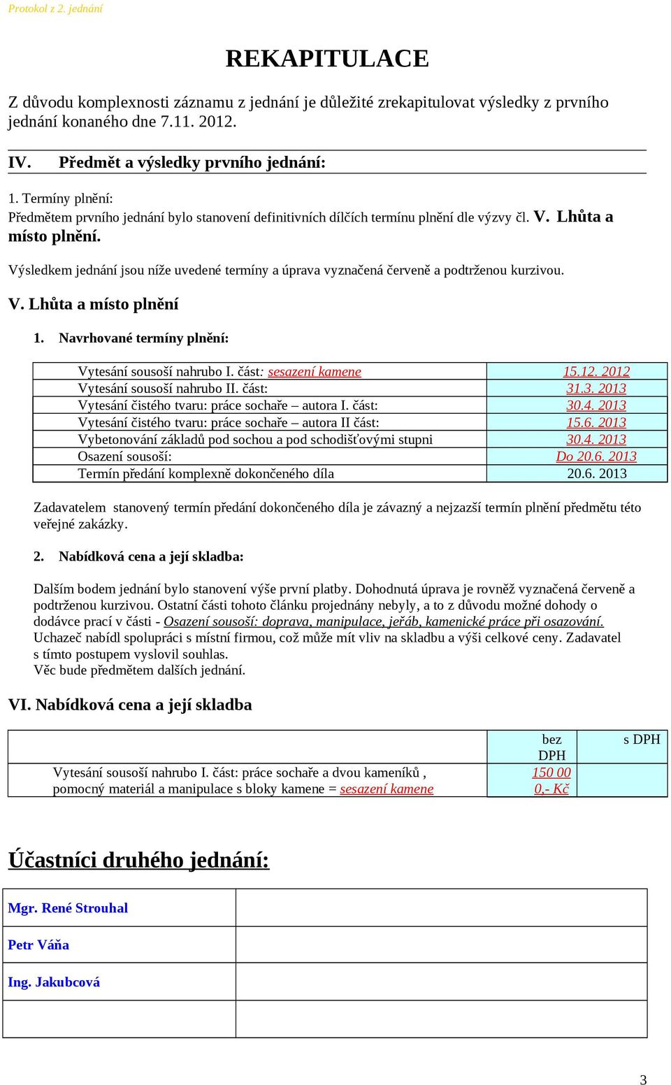 Výsledkem jednání jsou níže uvedené termíny a úprava vyznačená červeně a podtrženou kurzivou. V. Lhůta a místo plnění 1. Navrhované termíny plnění: Vytesání sousoší nahrubo I.