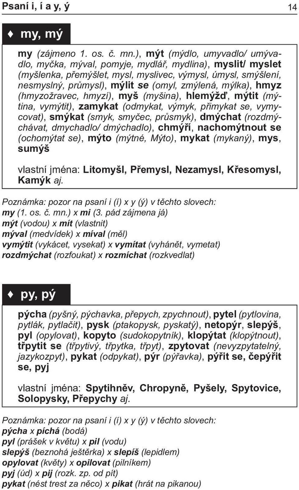 mýlka), hmyz (hmyzožravec, hmyzí), myš (myšina), hlemýžď, mýtit (mýtina, vymýtit), zamykat (odmykat, výmyk, přimykat se, vymycovat), smýkat (smyk, smyčec, průsmyk), dmýchat (rozdmýchávat, dmychadlo/