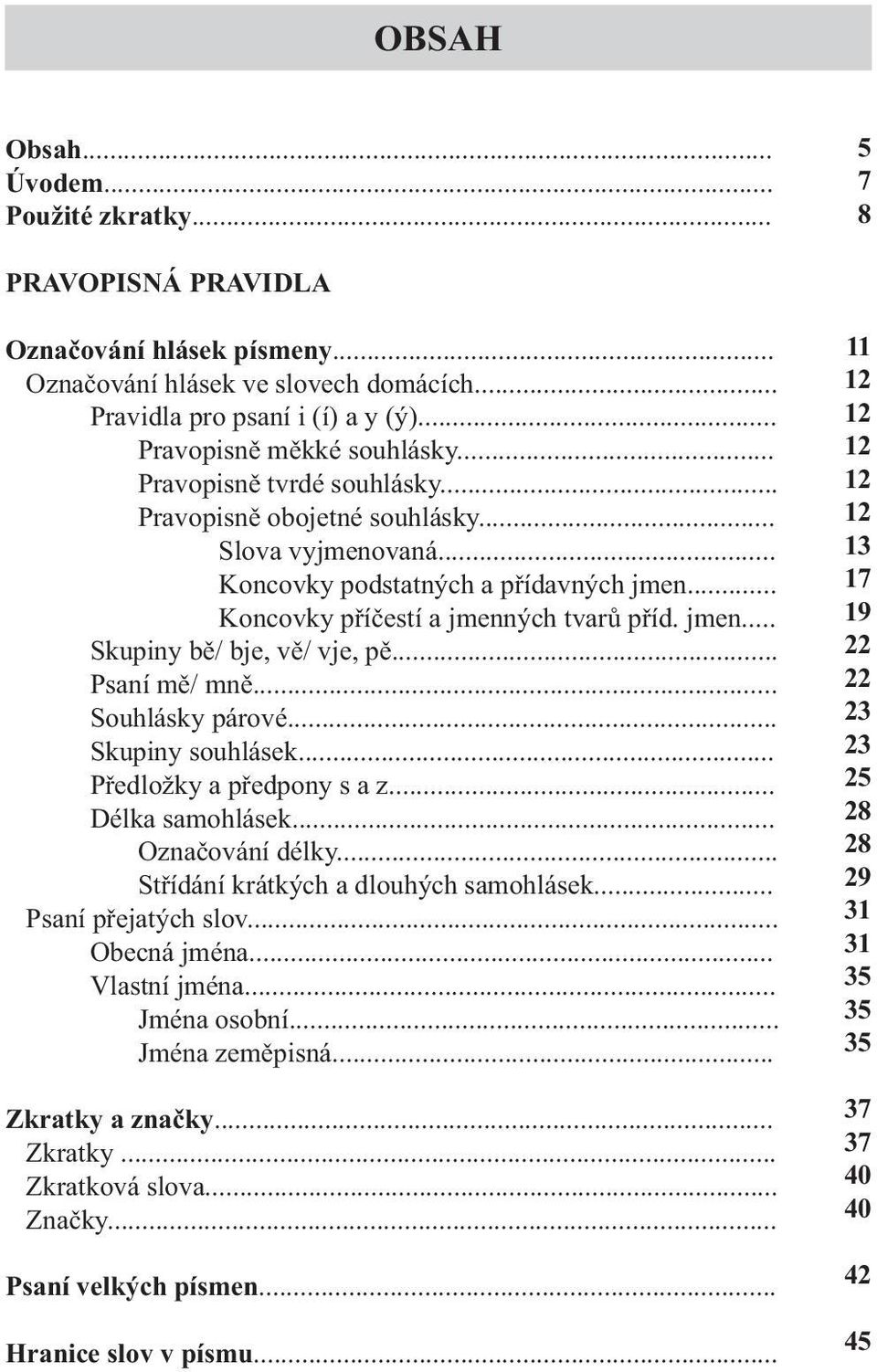 jmen... Skupiny bě/ bje, vě/ vje, pě... Psaní mě/ mně... Souhlásky párové... Skupiny souhlásek... Předložky a předpony s a z... Délka samohlásek... Označování délky.