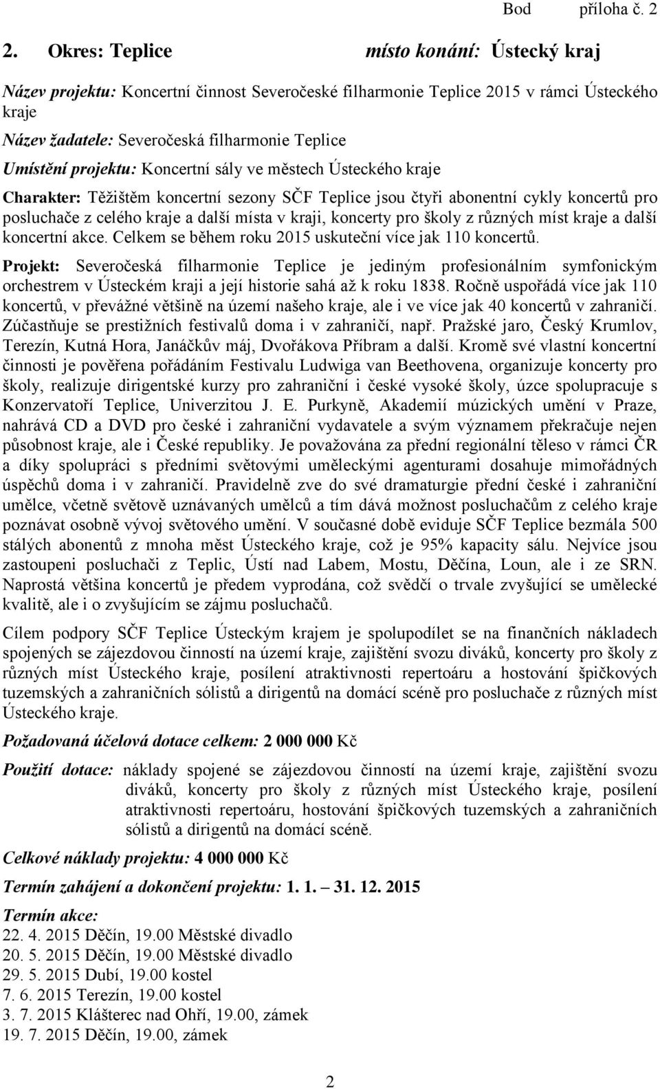 projektu: Koncertní sály ve městech Ústeckého kraje Charakter: Těžištěm koncertní sezony SČF Teplice jsou čtyři abonentní cykly koncertů pro posluchače z celého kraje a další místa v kraji, koncerty