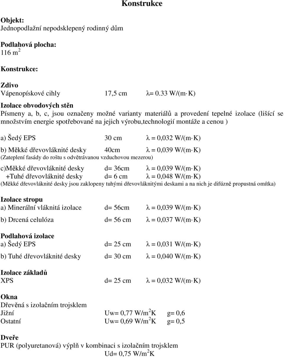 cenou ) a) Šedý EPS 3 cm λ =,32 W/(m K) b) Měkké dřevovláknité desky 4cm λ =,39 W/(m K) (Zateplení fasády do roštu s odvětrávanou vzduchovou mezerou) c)měkké dřevovláknité desky d= 36cm λ =,39 W/(m
