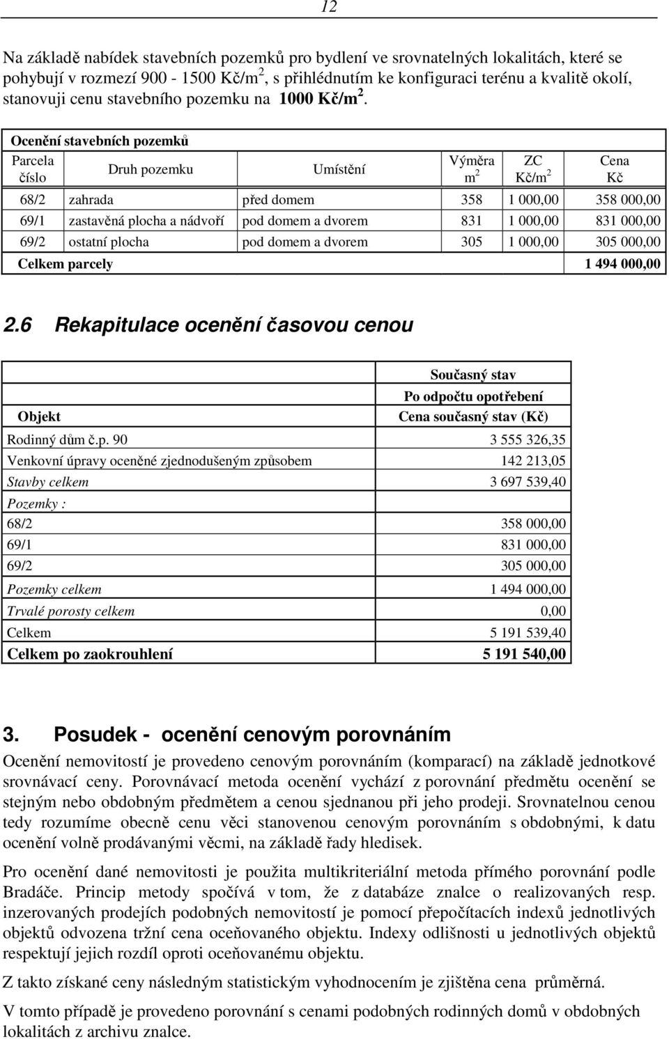 Ocenění stavebních pozemků Parcela Druh pozemku číslo Umístění Výměra m 2 ZC Kč/m 2 68/2 zahrada před domem 358 1 000,00 358 000,00 69/1 zastavěná plocha a nádvoří pod domem a dvorem 831 1 000,00 831