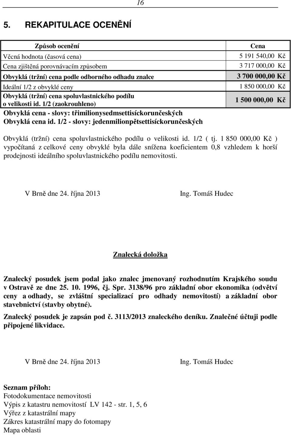 1/2 - slovy: jedenmilionpětsettisíckorunčeských Cena 5 191 540,00 Kč 3 717 000,00 Kč 3 700 000,00 Kč 1 850 000,00 Kč 1 500 000,00 Kč Obvyklá (tržní) cena spoluvlastnického podílu o velikosti id.