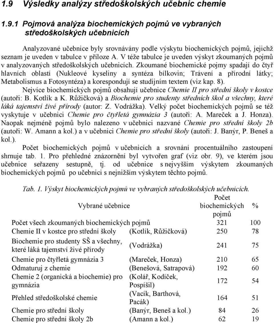 Zkoumané biochemické pojmy spadají do čtyř hlavních oblastí (Nukleové kyseliny a syntéza bílkovin; Trávení a přírodní látky; Metabolismus a Fotosyntéza) a korespondují se studijním textem (viz kap.