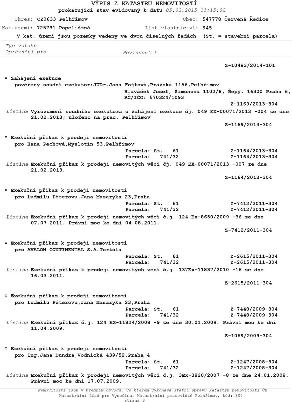 049 EX-00071/2013-004 ze dne 21.02.2013; ulžen na prac. Pelhřimv Z-1169/2013-304 Exekuční příkaz k prdeji nemvitsti pr Hana Pechvá,Mysltín 53,Pelhřimv Exekuční příkaz k prdeji nemvitých věcí čj.
