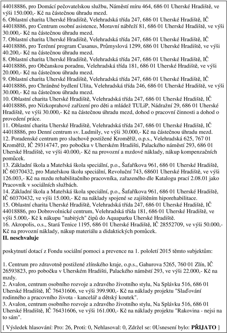 Oblastní charita Uherské Hradiště, Velehradská třída 247, 686 01 Uherské Hradiště, IČ 44018886, pro Centrum osobní asistence, Moravní nábřeží 81, 686 01 Uherské Hradiště, ve výši 30.