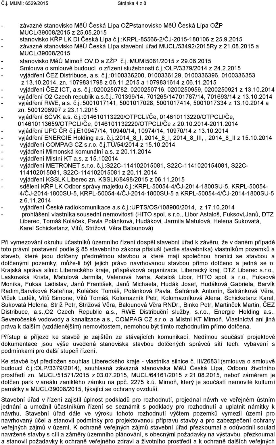 2015 - Smlouva o smlouvě budoucí o zřízení služebnosti č.j.:olp/3379/2014 z 24.2.2015 - vyjádření ČEZ Distribuce, a.s. č.j.:0100336200, 0100336129, 0100336396, 0100336353 z 13.10.2014, zn.