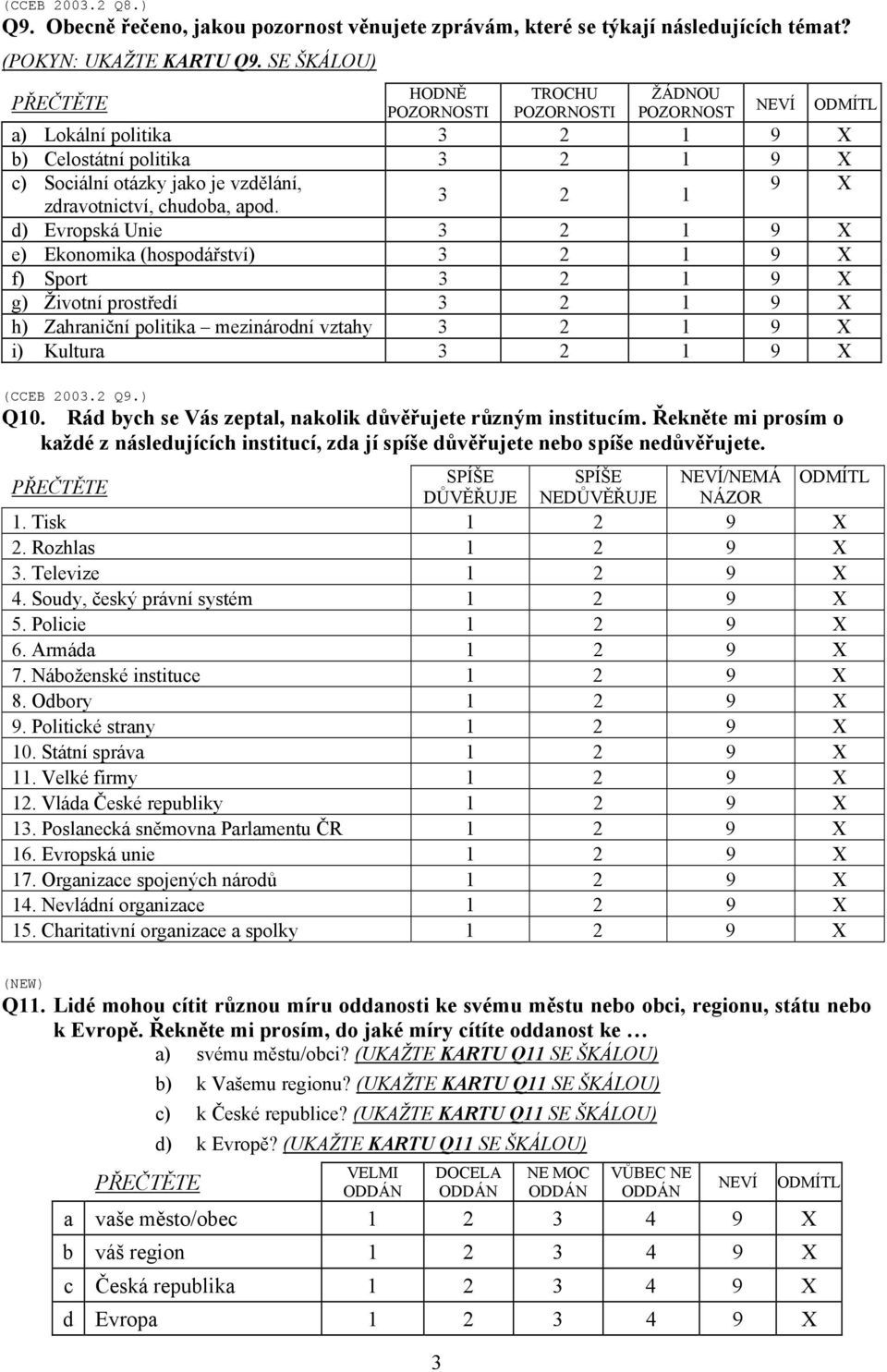 chudoba, apod. d) Evropská Unie 3 2 1 e) Ekonomika (hospodářství) 3 2 1 f) Sport 3 2 1 g) Životní prostředí 3 2 1 h) Zahraniční politika mezinárodní vztahy 3 2 1 i) Kultura 3 2 1 (CCEB 2003.2 Q9.