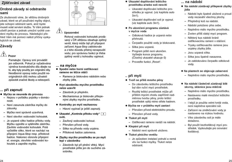 Závady Pozor Pamatujte: Opravy smí provádět jen odborník. Pokud je vyžadována výměna konstrukčního dílu dbejte na to, aby byly použity jen originální díly.