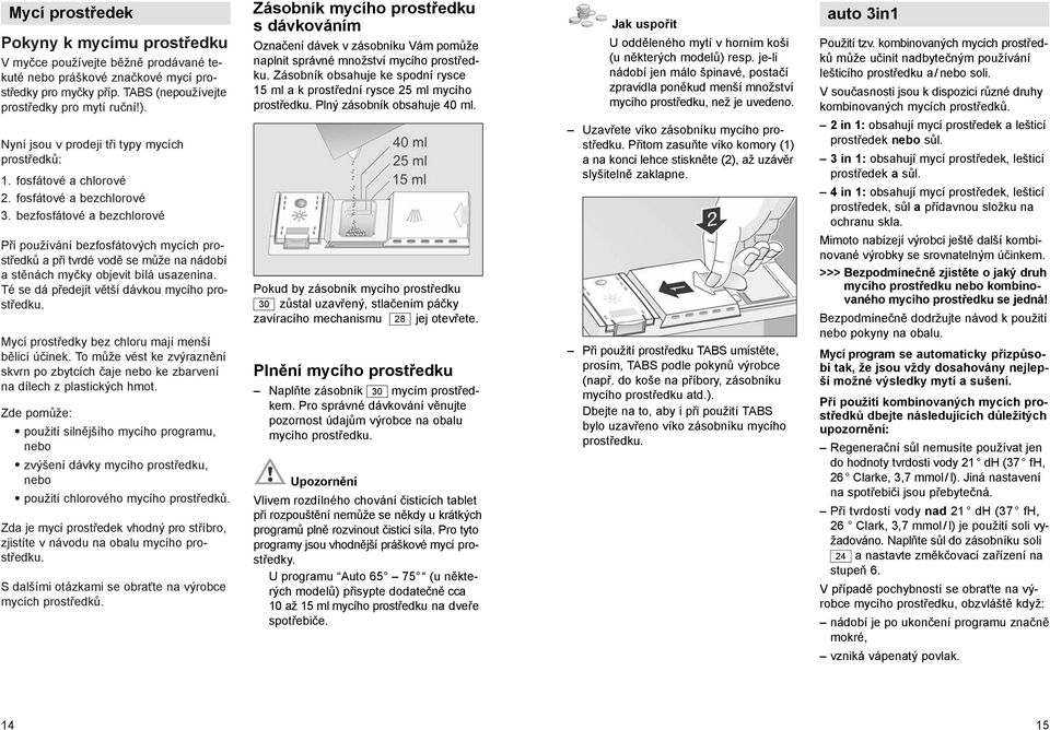 bezfosfátové a bezchlorové Při používání bezfosfátových mycích prostředků a při tvrdé vodě se může na nádobí a stěnách myčky objevit bílá usazenina. Té se dá předejít větší dávkou mycího prostředku.