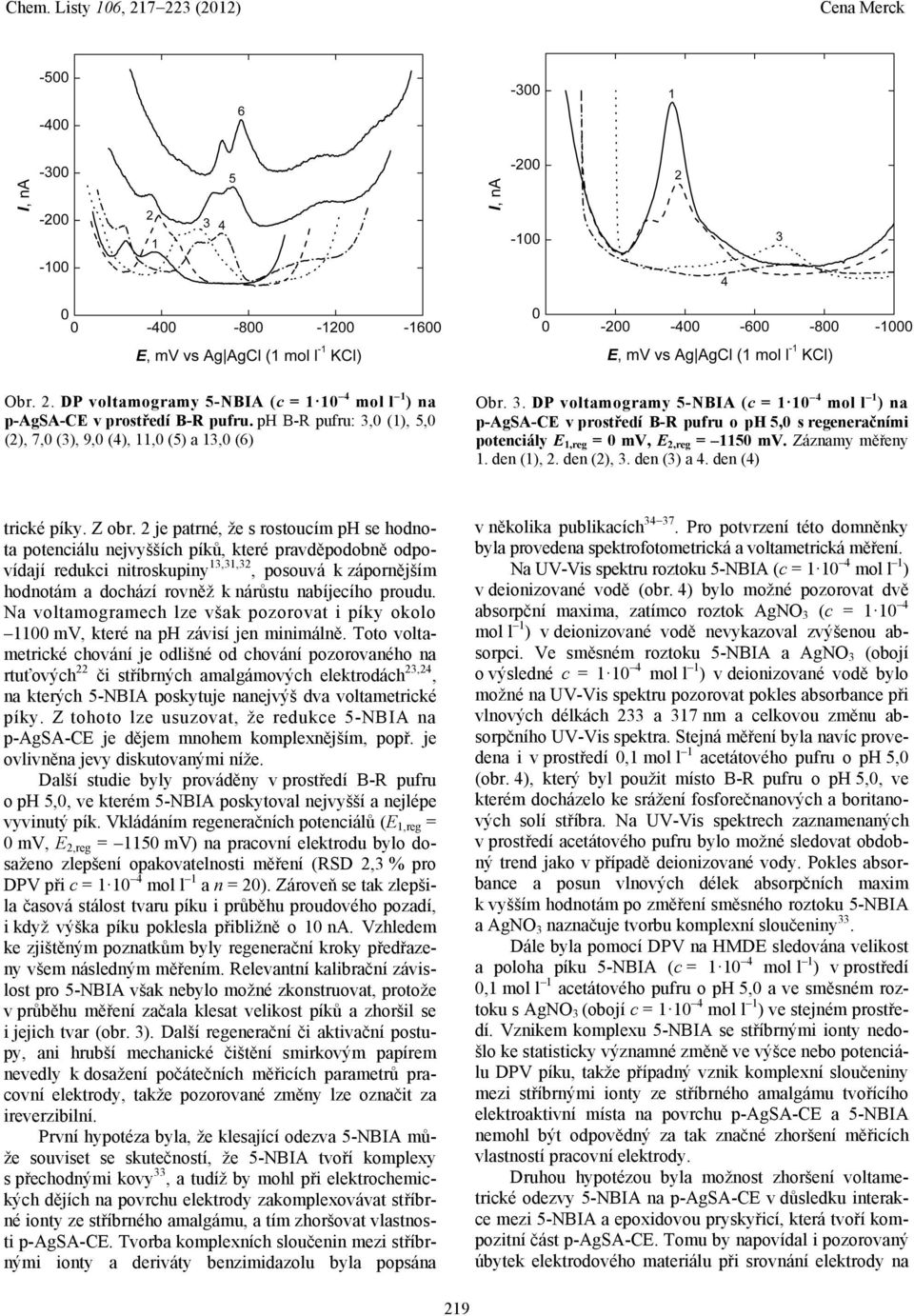 DP voltamogramy 5-NBIA (c = 1 10 4 mol l 1 ) na p-agsa-ce v prostředí B-R pufru o ph 5,0 s regeneračními potenciály E 1,reg = 0 mv, E 2,reg = 1150 mv. Záznamy měřeny 1. den (1), 2. den (2), 3.