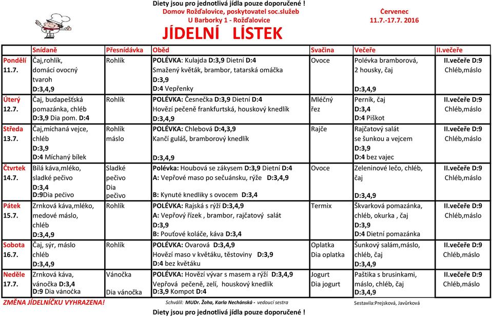 domácí ovocný Smažený květák, brambor, tatarská omáčka 2 housky, čaj Chléb,máslo tvaroh D:4 Vepřenky Úterý Čaj, budapešťská Rohlík POLÉVKA: Česnečka Dietní D:4 Mléčný Perník, čaj II.večeře D:9 12.7.