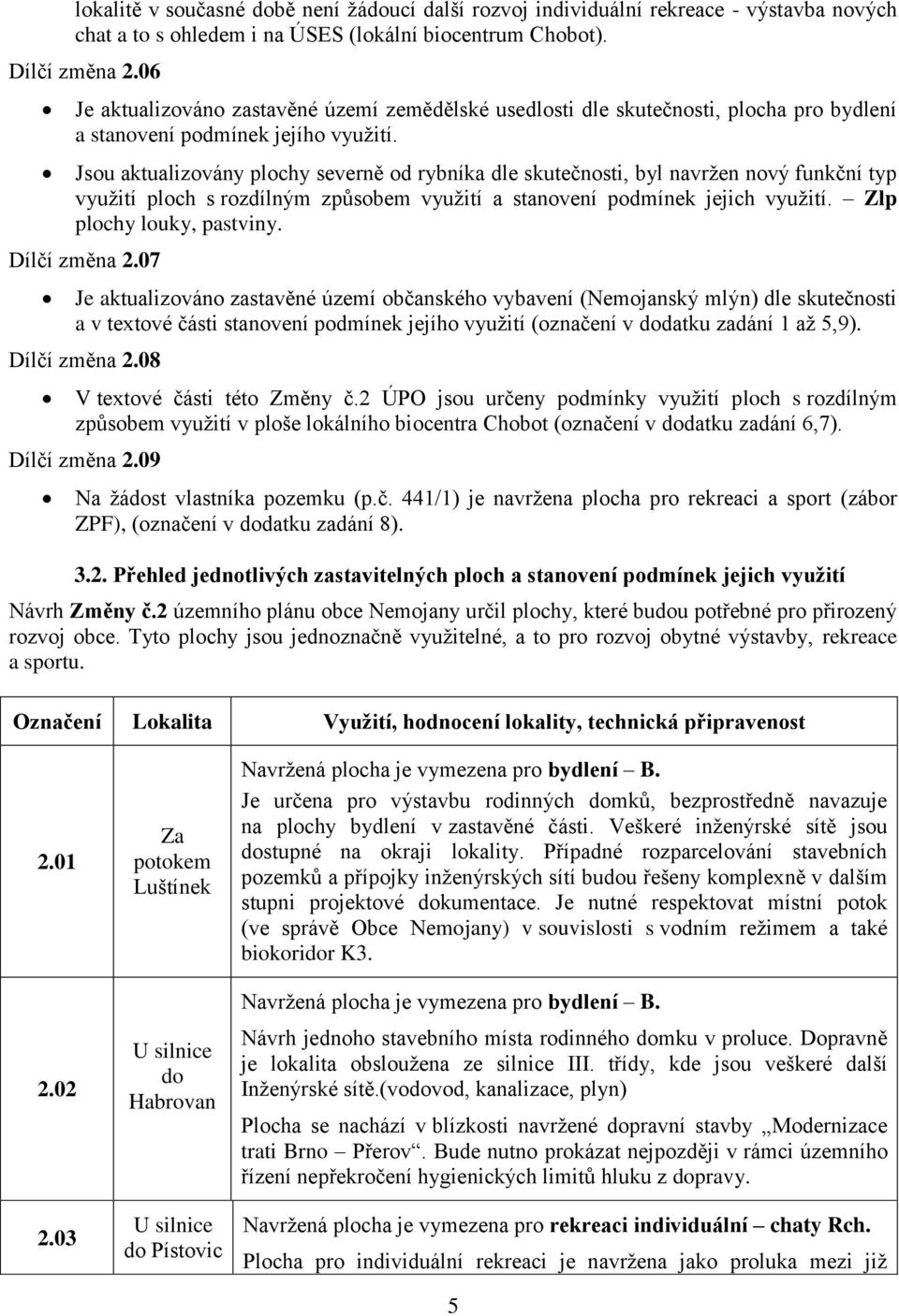 Jsou aktualizovány plochy severně od rybníka dle skutečnosti, byl navržen nový funkční typ využití ploch s rozdílným způsobem využití a stanovení podmínek jejich využití. Zlp plochy louky, pastviny.