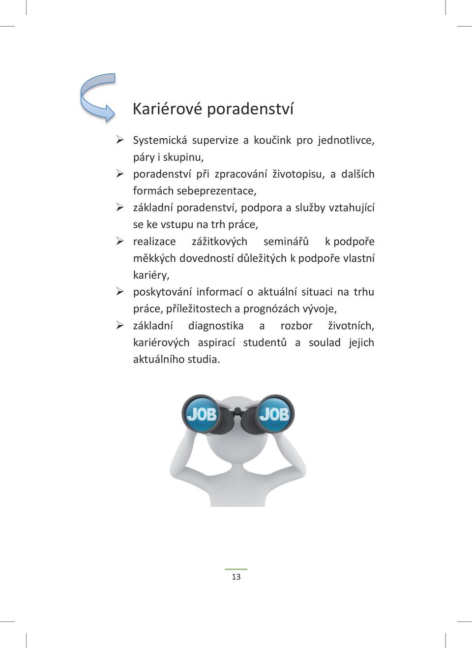 seminářů k podpoře měkkých dovedností důležitých k podpoře vlastní kariéry, poskytování informací o aktuální situaci na trhu práce,