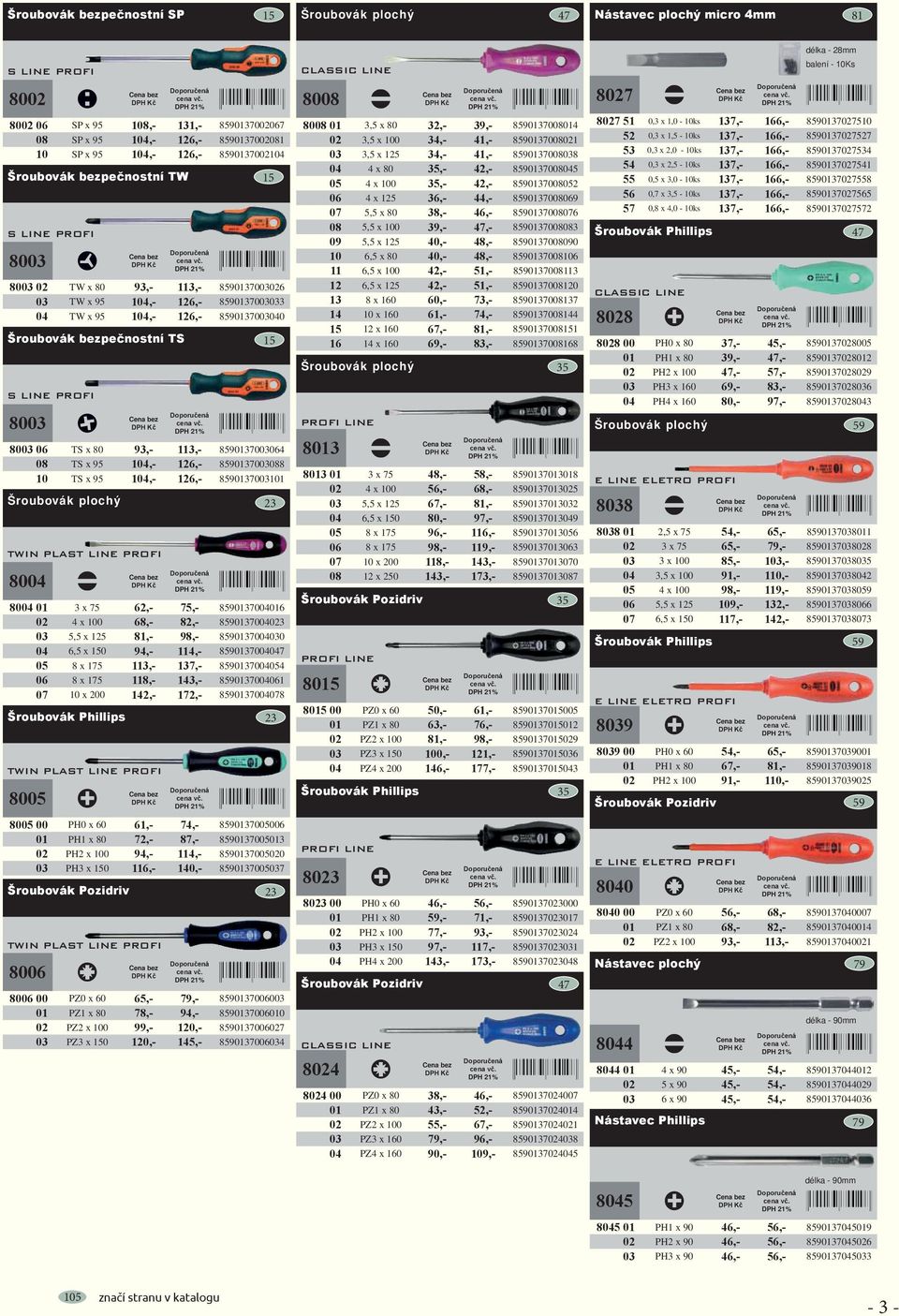 113,- 8590137003064 08 TS x 95 104,- 126,- 8590137003088 10 TS x 95 104,- 126,- 8590137003101 Šroubovák plochý TWIN PLAST LINE PROFI 8004 8004 01 3 x 75 62,- 75,- 8590137004016 02 4 x 100 68,- 82,-