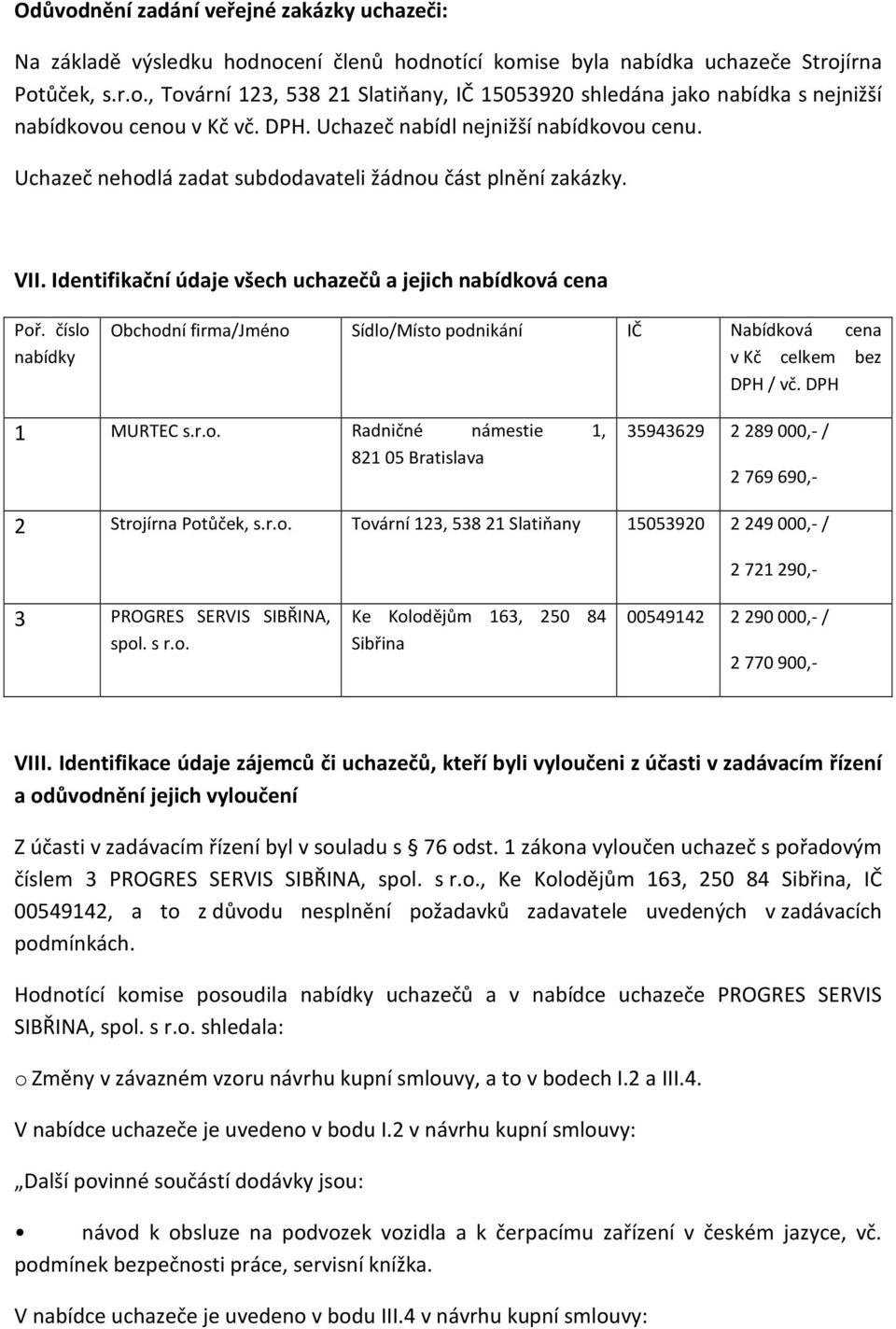 číslo nabídky Obchodní firma/jméno Sídlo/Místo podnikání IČ Nabídková cena v Kč celkem bez DPH / vč. DPH 1 MURTEC s.r.o. Radničné námestie 1, 821 05 Bratislava 35943629 2 289 000,- / 2 769 690,- 2 Strojírna Potůček, s.