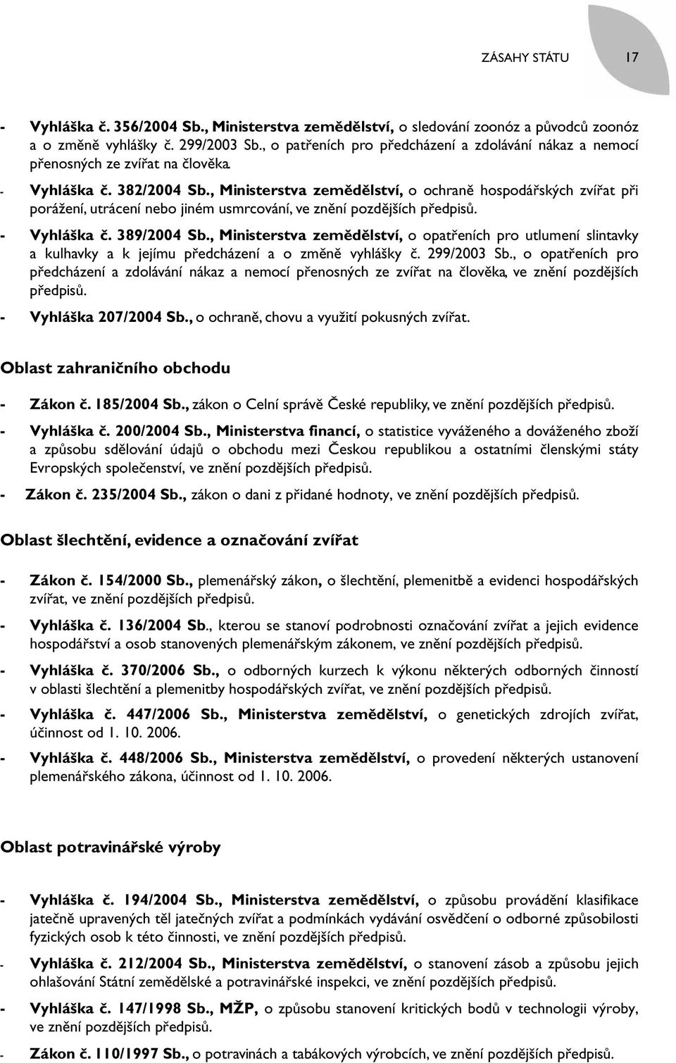 , Ministerstva zemědělství, o ochraně hospodářských zvířat při porážení, utrácení nebo jiném usmrcování, ve znění pozdějších předpisů. - Vyhláška č. 389/2004 Sb.