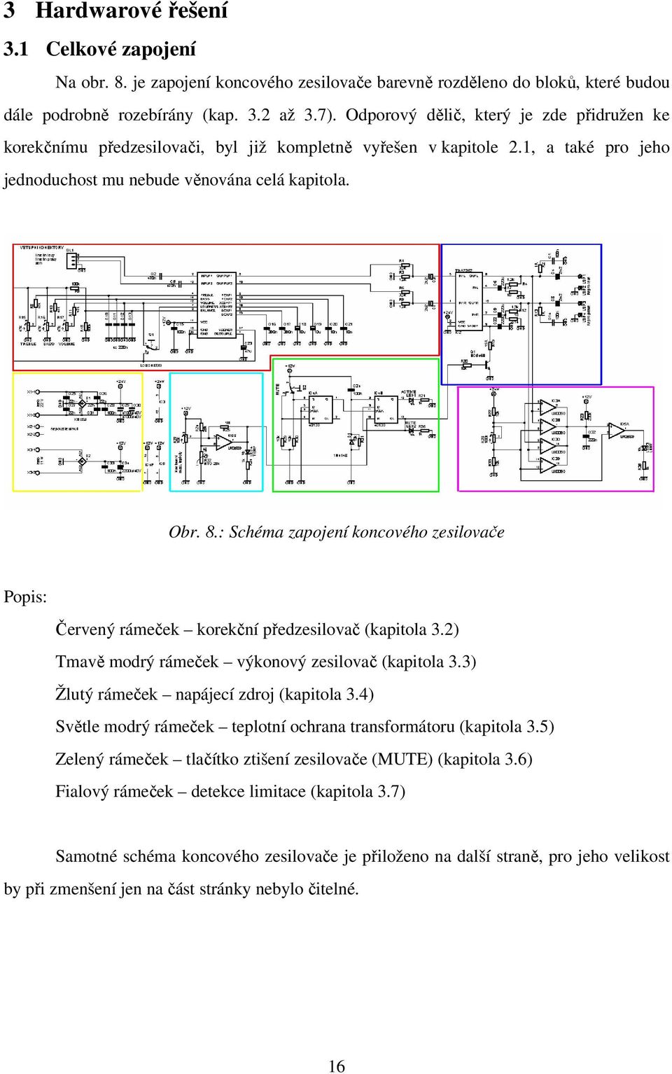 : Schéma zapojení koncového zesilovače Popis: Červený rámeček korekční předzesilovač (kapitola 3.2) Tmavě modrý rámeček výkonový zesilovač (kapitola 3.3) Žlutý rámeček napájecí zdroj (kapitola 3.