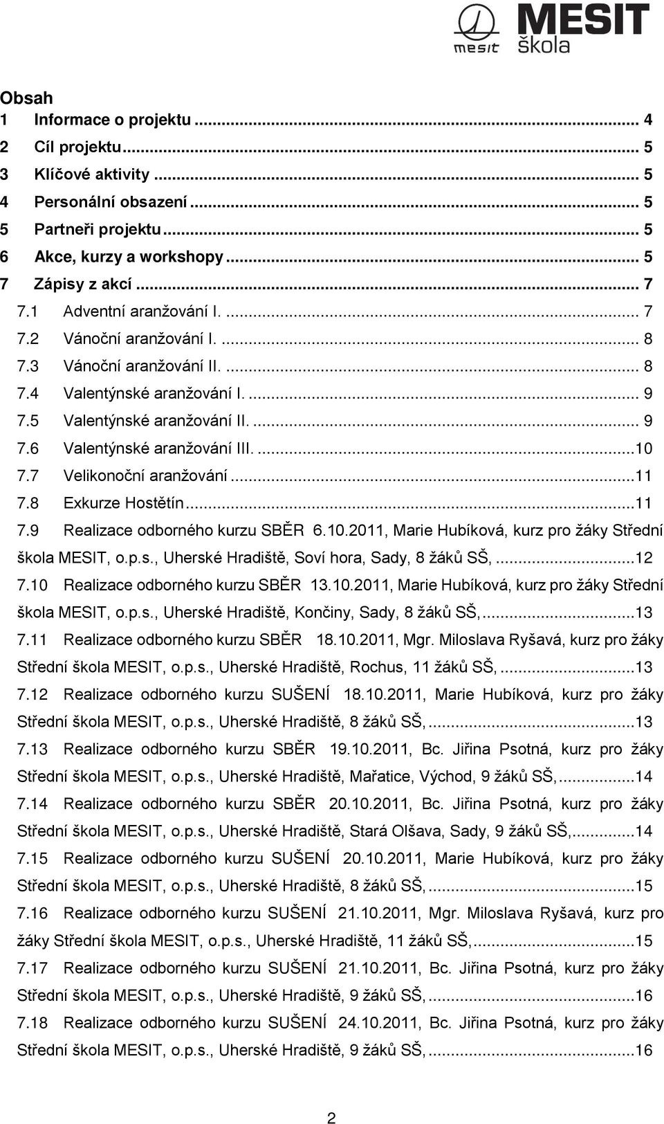 7 Velikonoční aranžování...11 7.8 Exkurze Hostětín...11 7.9 Realizace odborného kurzu SBĚR 6.10.2011, Marie Hubíková, kurz pro žáky Střední škola MESIT, o.p.s., Uherské Hradiště, Soví hora, Sady, 8 žáků SŠ,.