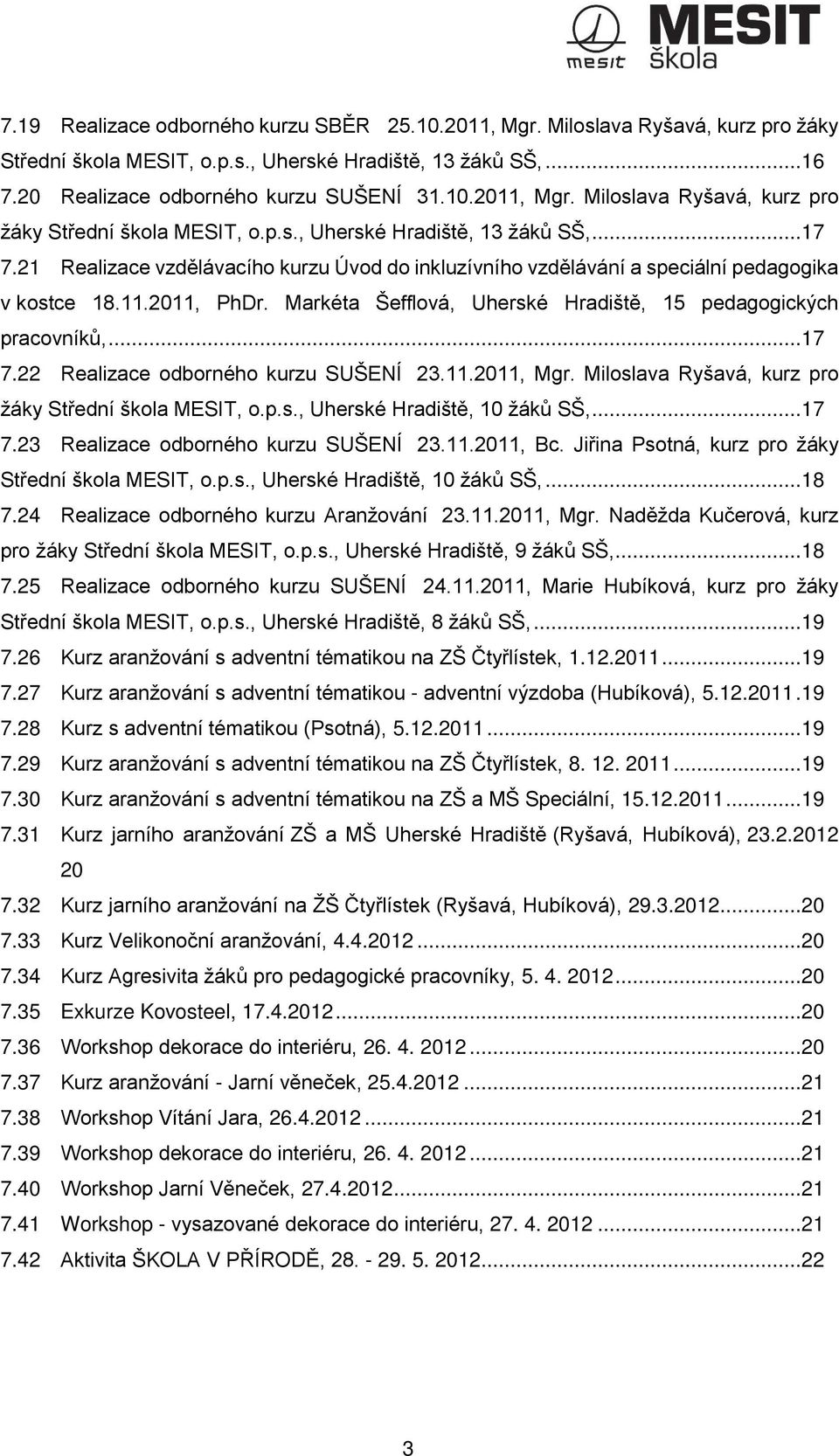 22 Realizace odborného kurzu SUŠENÍ 23.11.2011, Mgr. Miloslava Ryšavá, kurz pro žáky Střední škola MESIT, o.p.s., Uherské Hradiště, 10 žáků SŠ,...17 7.23 Realizace odborného kurzu SUŠENÍ 23.11.2011, Bc.