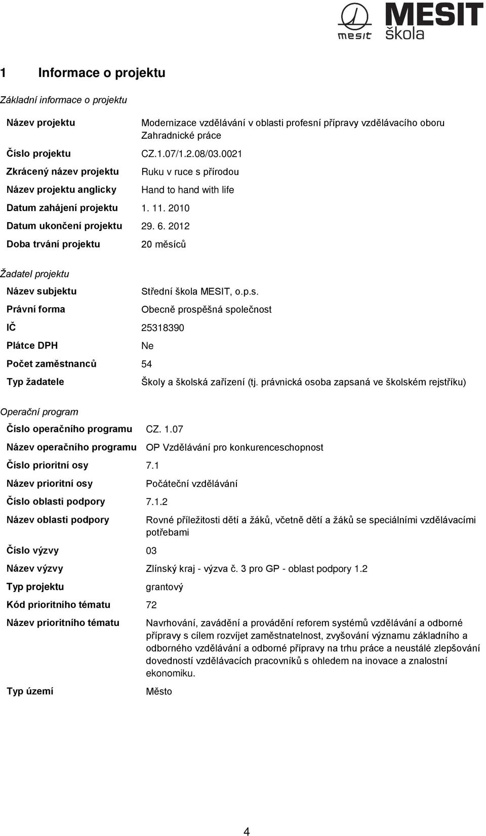 2012 Doba trvání projektu 20 měsíců Žadatel projektu Název subjektu Střední škola MESIT, o.p.s. Právní forma Obecně prospěšná společnost IČ 25318390 Plátce DPH Ne Počet zaměstnanců 54 Typ žadatele Školy a školská zařízení (tj.