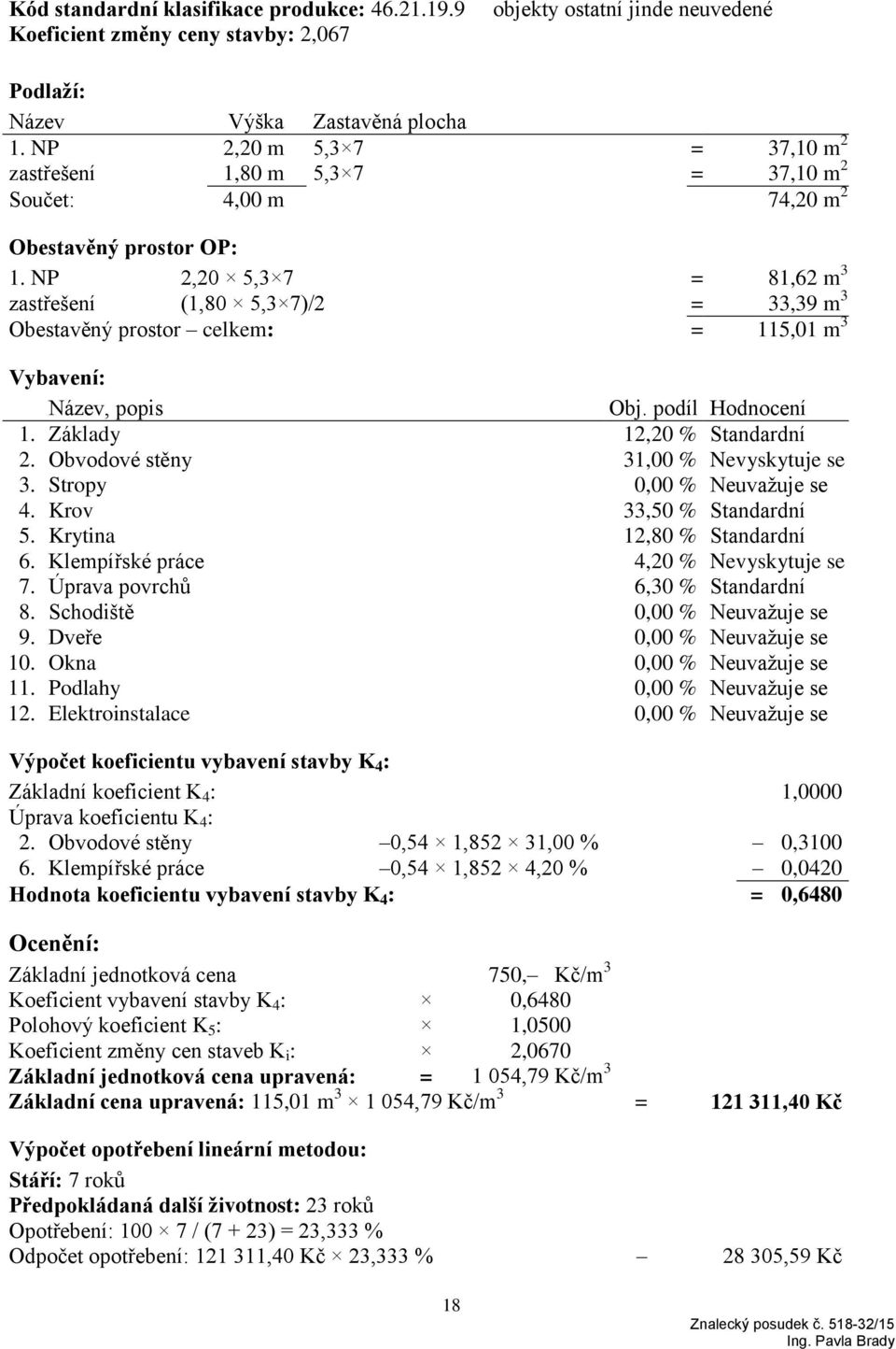 NP 2,20 5,3 7 = 81,62 m 3 zastřešení (1,80 5,3 7)/2 = 33,39 m 3 Obestavěný prostor celkem: = 115,01 m 3 Vybavení: Název, popis Obj. podíl Hodnocení 1. Základy 12,20 % Standardní 2.