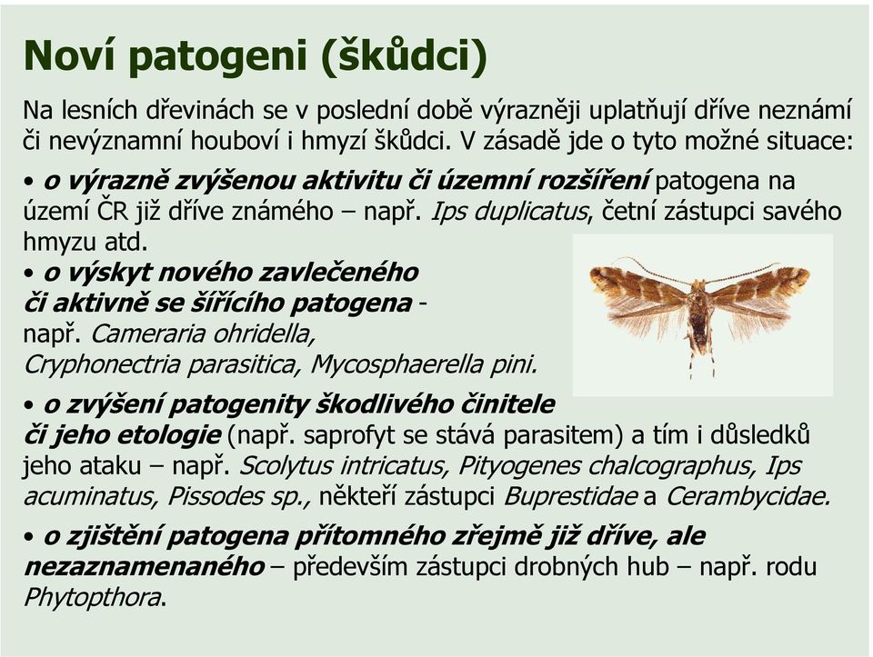 o výskyt nového zavlečeného či aktivně se šířícího patogena - např. Cameraria ohridella, Cryphonectria parasitica, Mycosphaerella pini. o zvýšení patogenity škodlivého činitele či jeho etologie (např.