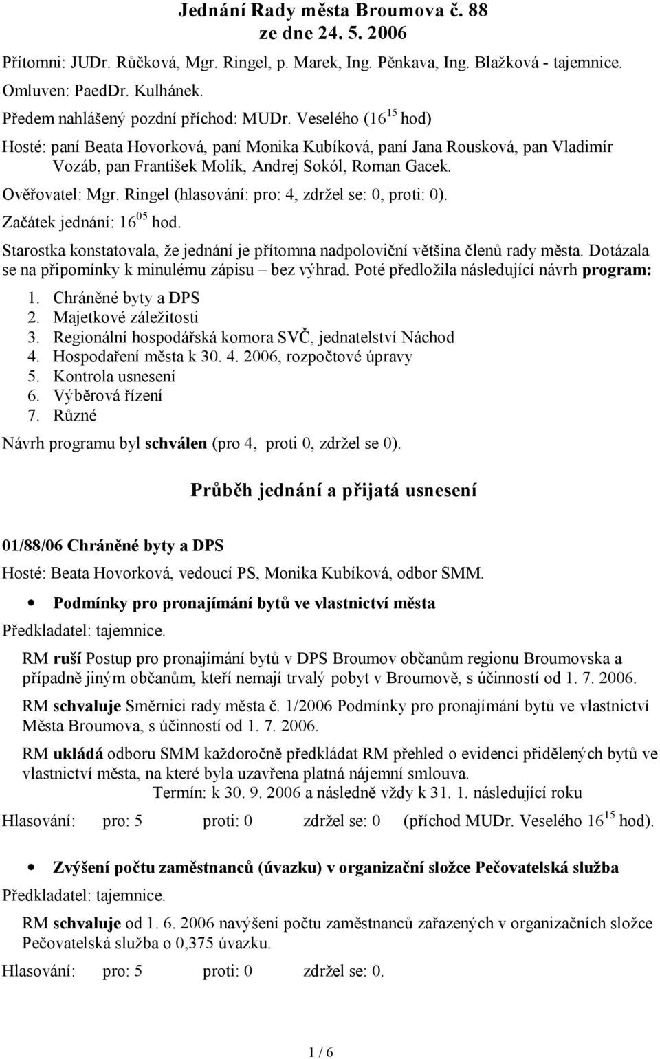 Ověřovatel: Mgr. Ringel (hlasování: pro: 4, zdržel se: 0, proti: 0). Začátek jednání: 16 05 hod. Starostka konstatovala, že jednání je přítomna nadpoloviční většina členů rady města.