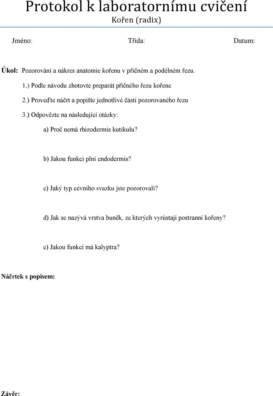 ) Odpovězte na následující otázky: a) Proč nemá rhizodermis kutikulu? b) Jakou funkci plní endodermis?