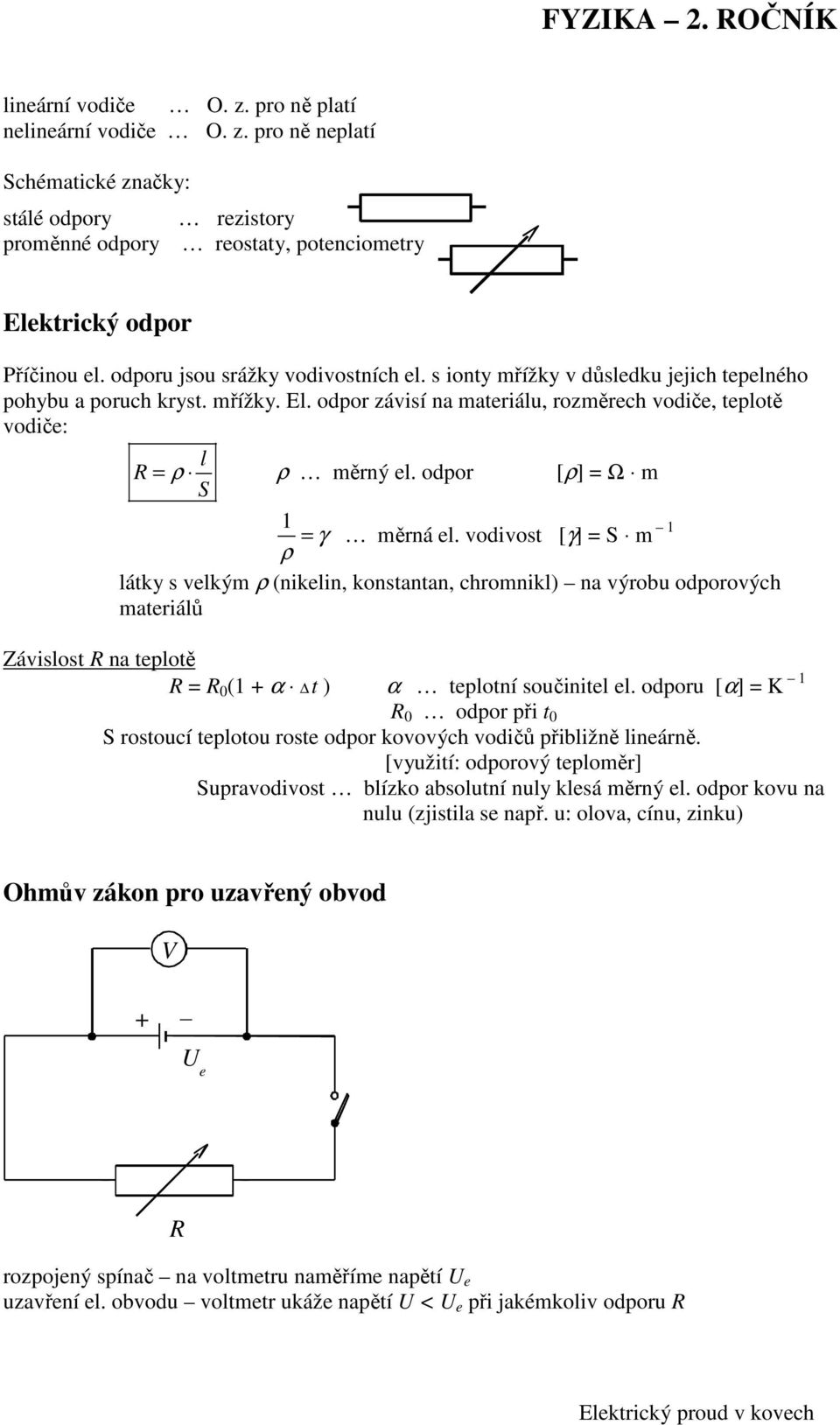 odpor [ρ] = Ω m S = γ měrná el. vodivost [γ] = S m ρ látky s velkým ρ (nikelin, konstantan, chromnikl) na výrobu odporových materiálů Závislost na teplotě = 0 ( α t ) α teplotní součinitel el.