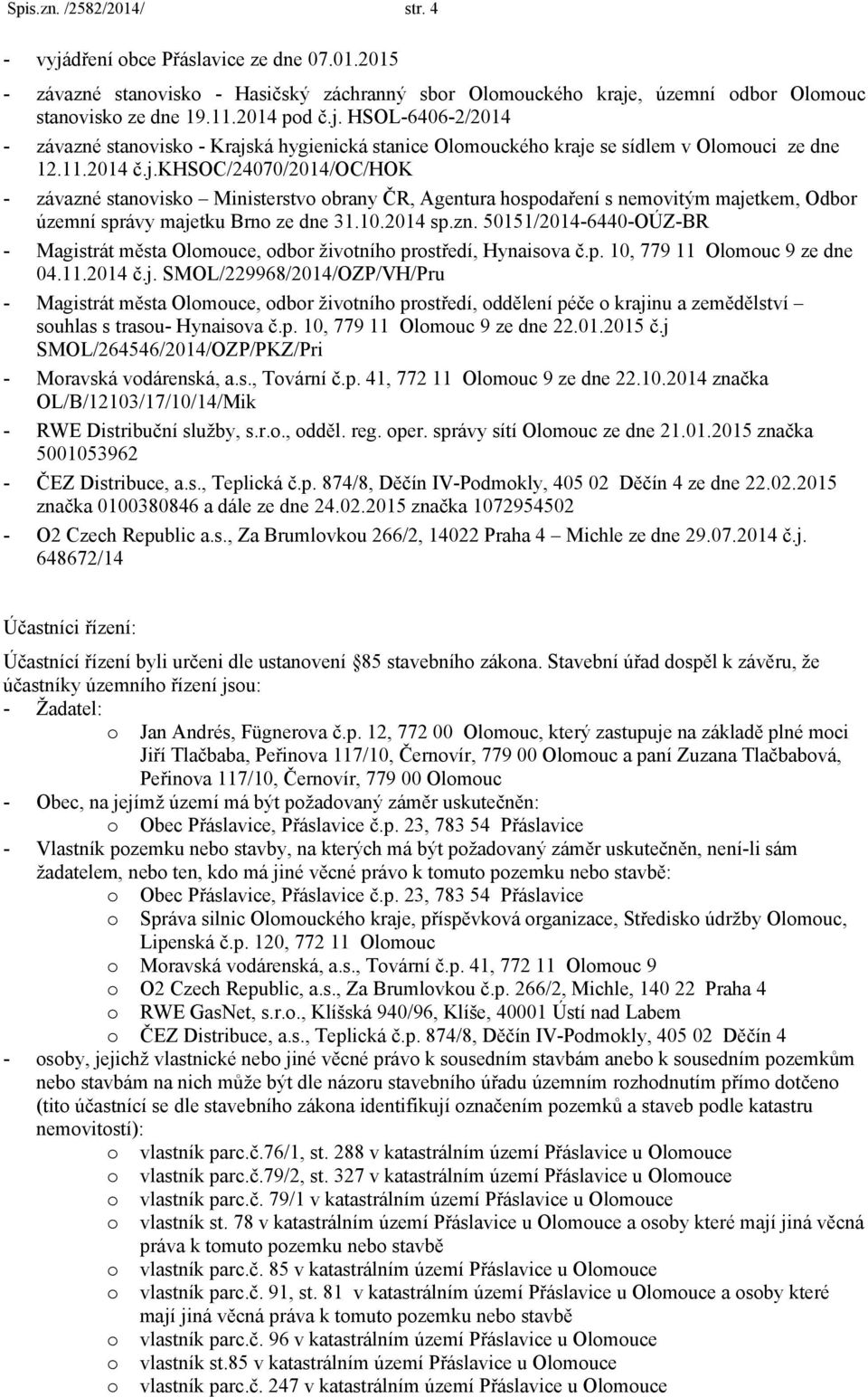 p. 10, 779 11 Olomouc 9 ze dne 04.11.2014 č.j. SMOL/229968/2014/OZP/VH/Pru - Magistrát města Olomouce, odbor životního prostředí, oddělení péče o krajinu a zemědělství souhlas s trasou- Hynaisova č.p. 10, 779 11 Olomouc 9 ze dne 22.